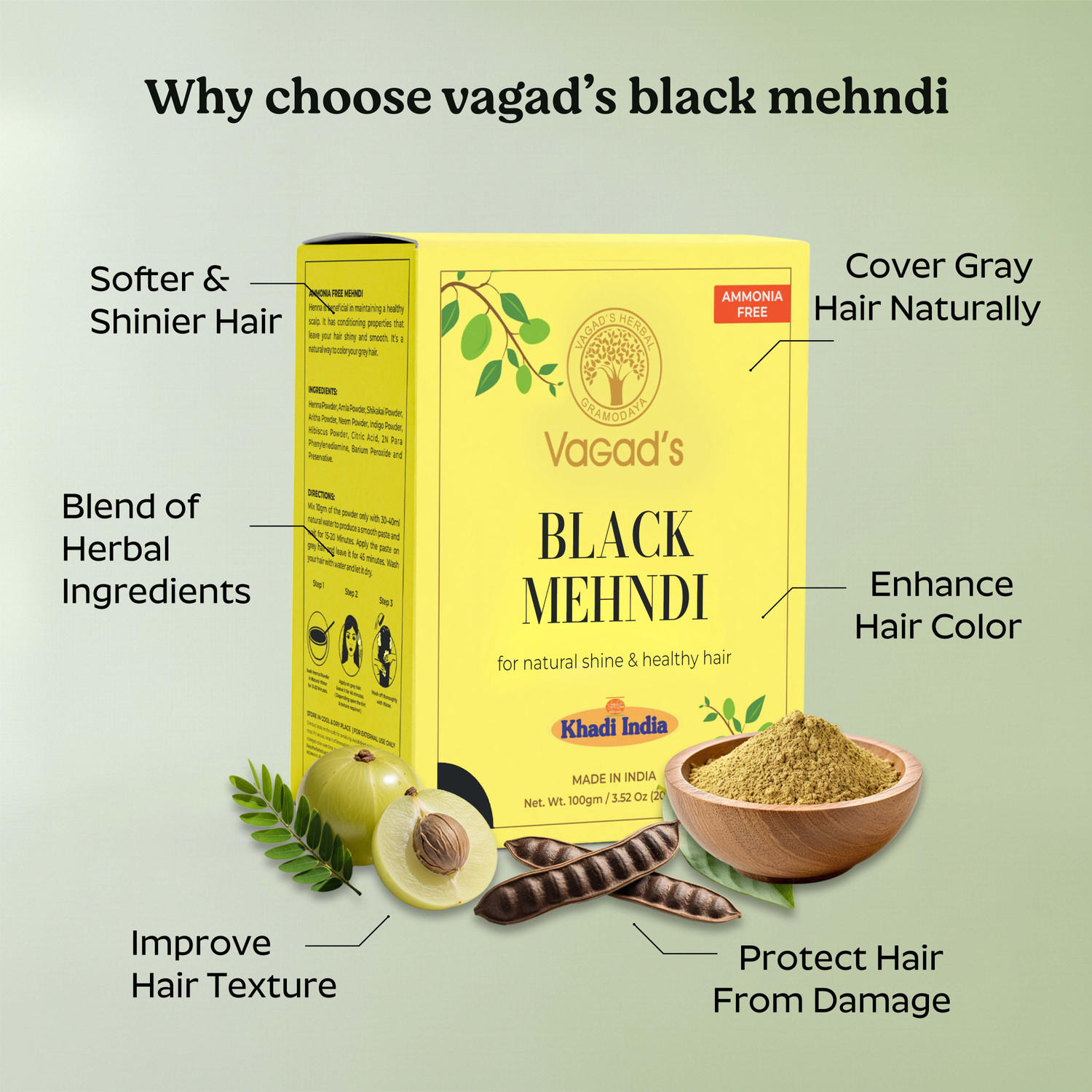 Image of Vagad's Herbal Black Mehendi Powder, Ammonia-Free Henna Hair Dye for Men and Women