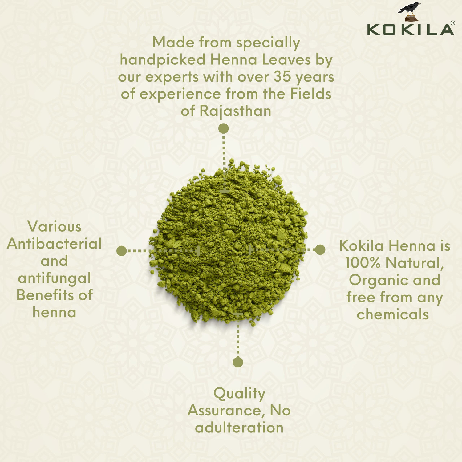 Image of KOKILA Henna(Mehandi) Powder | Organic Mehandi | 100% Natural | No chemicals | Natural conditioning | combat Dandruff | 400gm(Pack of 1)