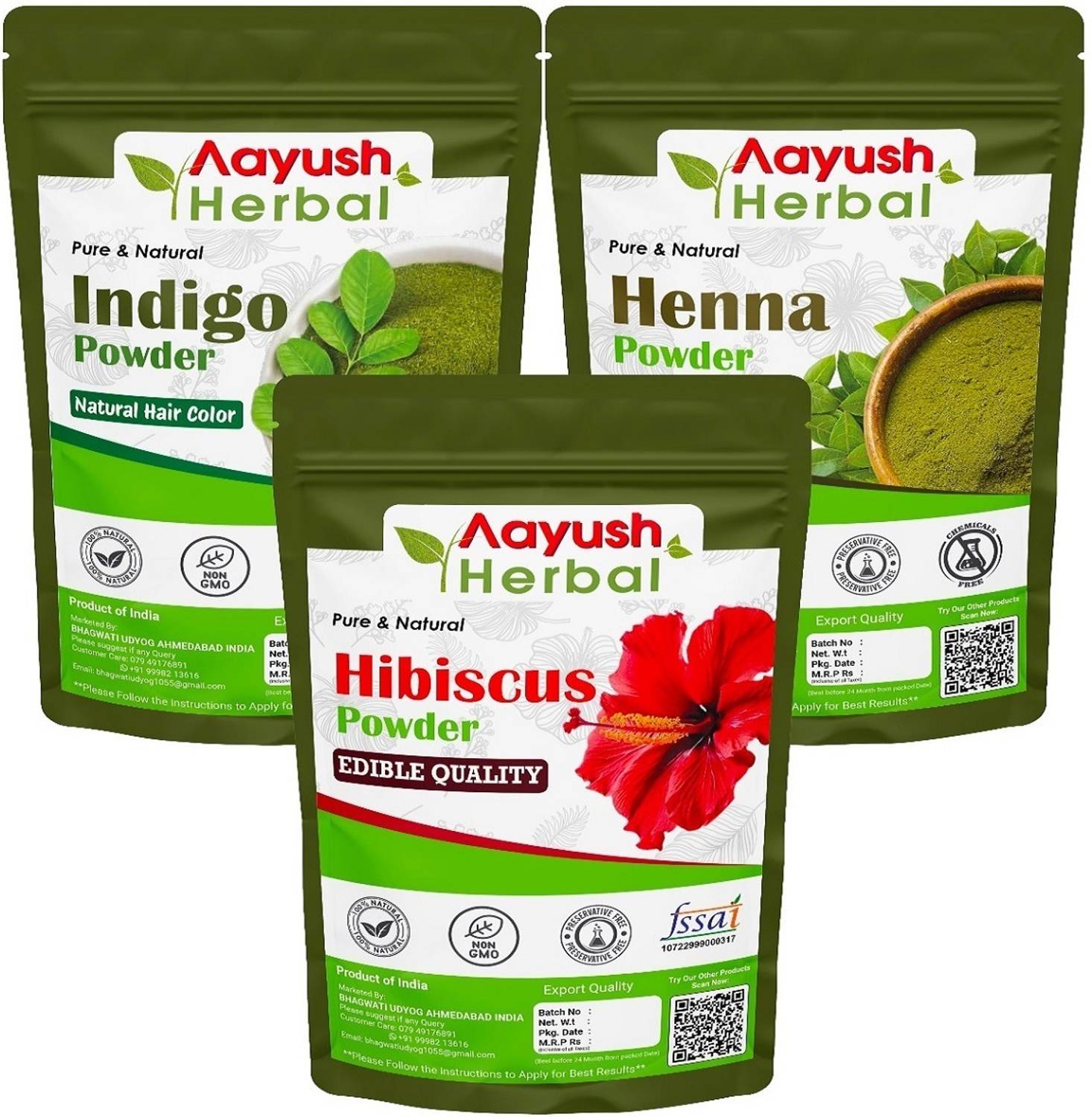 Aayush Herbal INDIGO+HENNA+HIBISCUS POWDER 100% NATURAL for HAIR Color/Hair Growth(100g Each) Combo pack