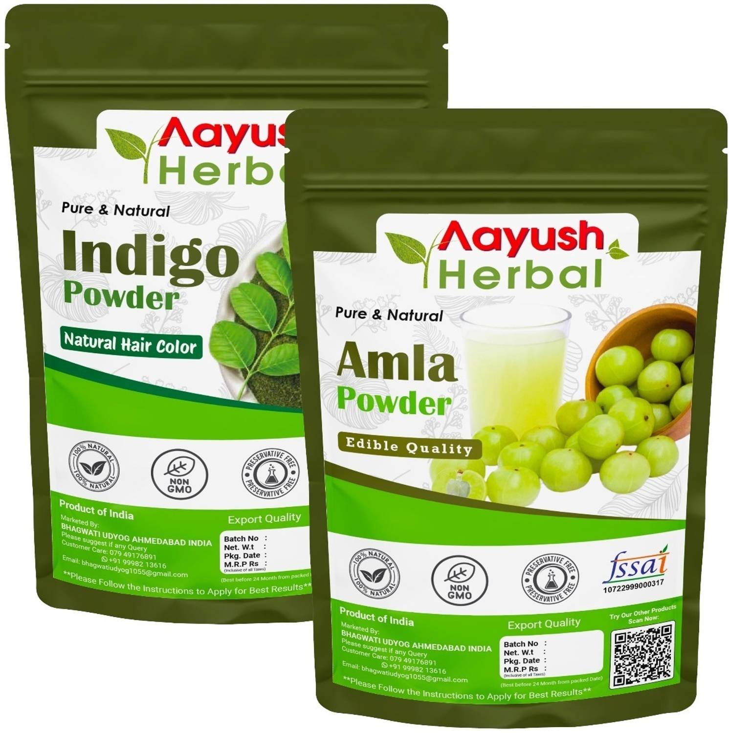 Aayush Herbal Indigo powder+AMLA powder PREMIUM QUALITY 100% Natural Hair Color/Hair Growth (100g Each)