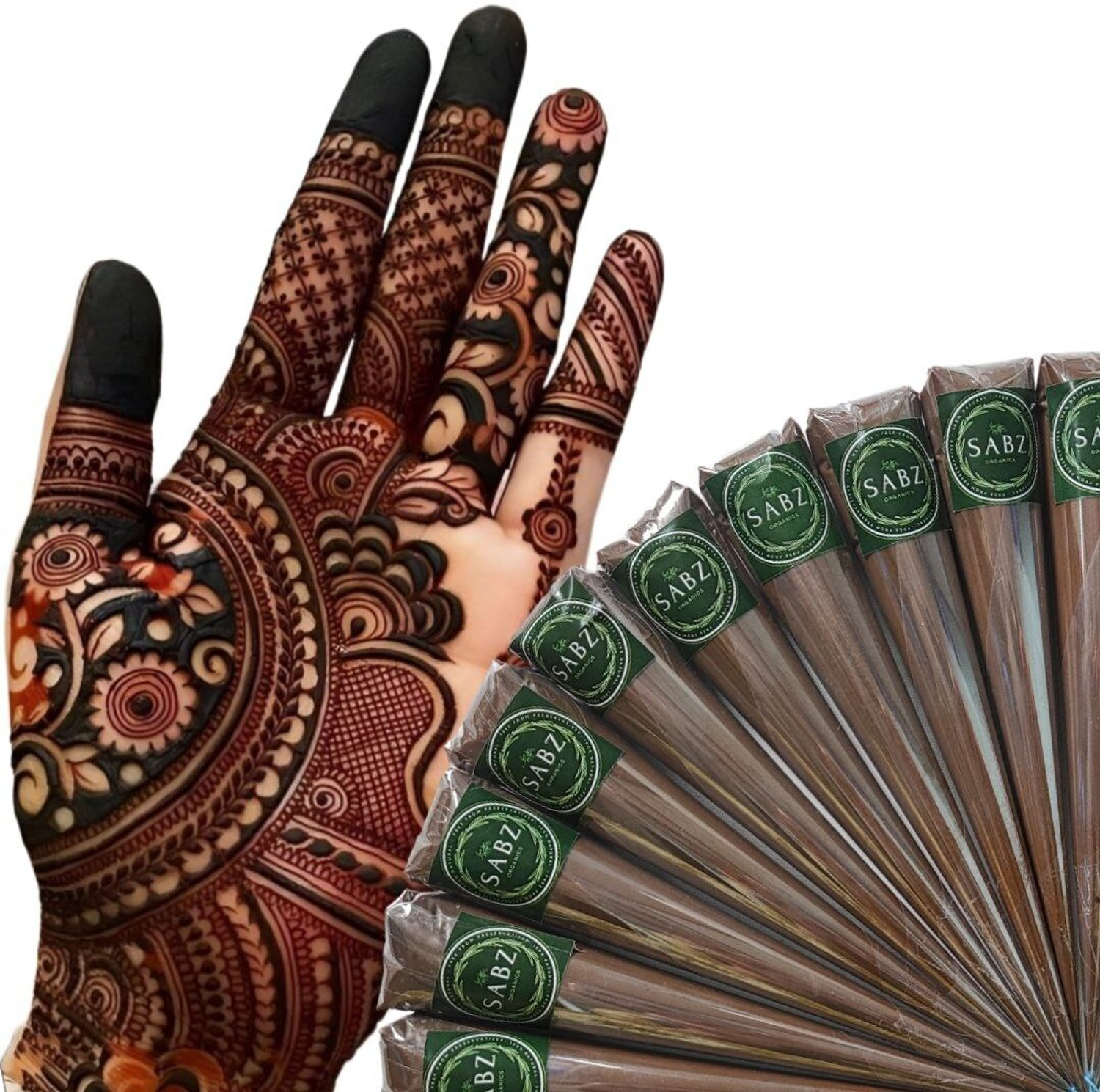 Image of SABZ ORGANICS Natural & Pure Mehendi Cones For Dark Long-Lasting Stain 1 Box Contains 6 Cones