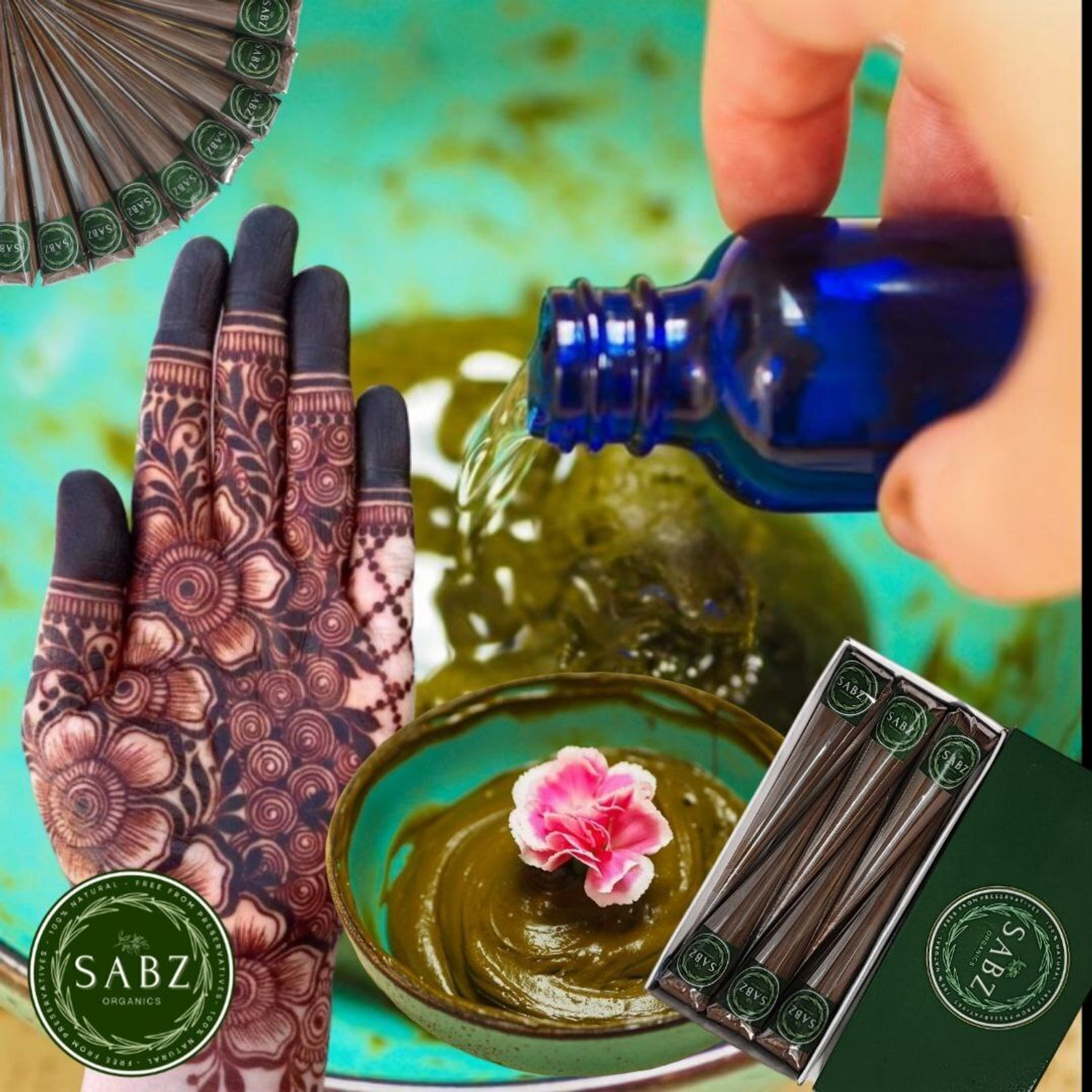 Image of SABZ ORGANICS Natural & Pure Mehendi Cones For Dark Long-Lasting Stain 1 Box Contains 6 Cones