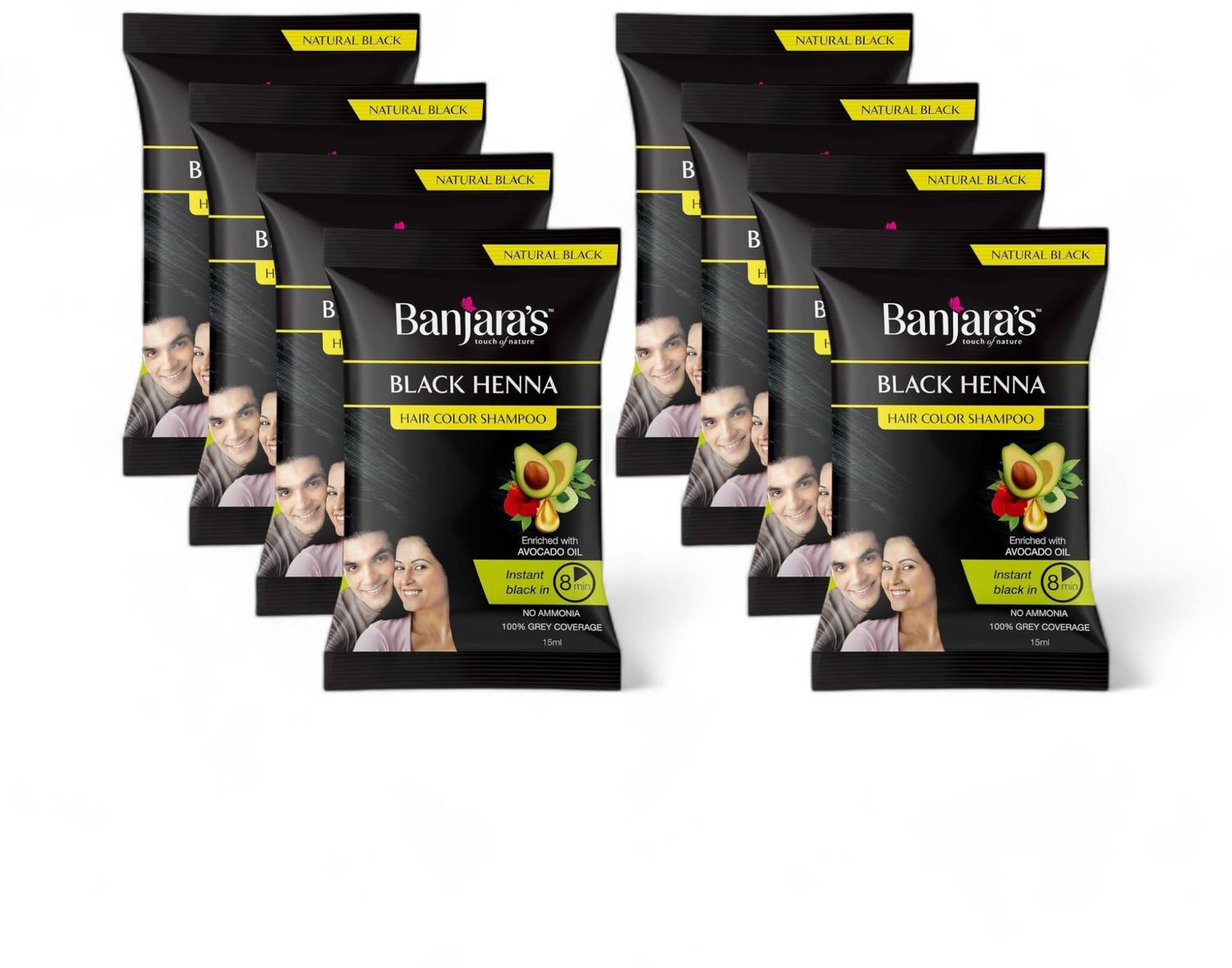 Banjaras Black Henna Hair Color Shampoo - 15ml (Pack Of 8) - Price 