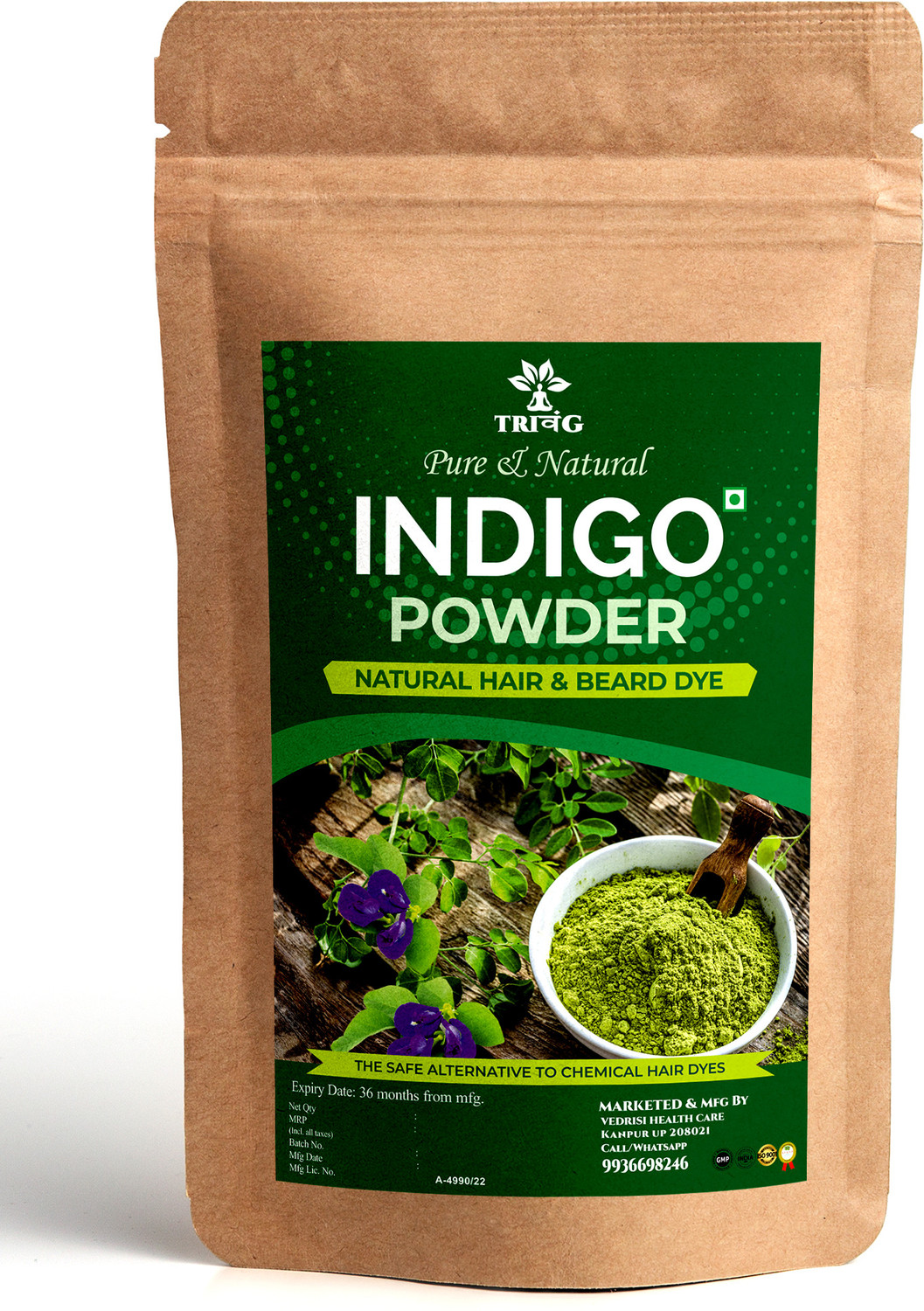 Image of Trivang Organic Indigo Powder for black hair (250 g) | Indigo Mehendi| Pack of 2