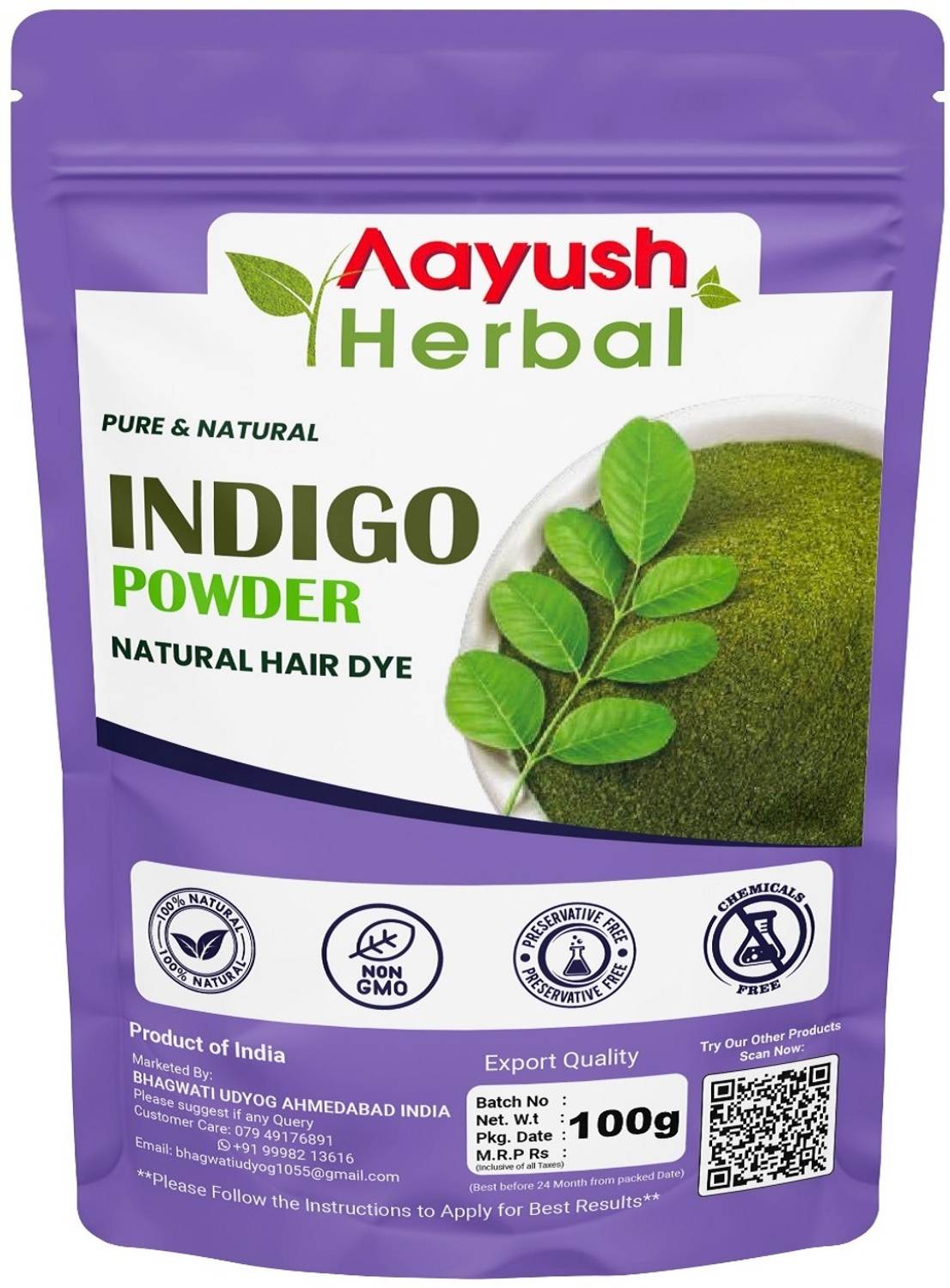 Aayush Herbal Indigo Powder for Hair - Natural Black Dye, Anti-Dandruff & Hair Growth 100g