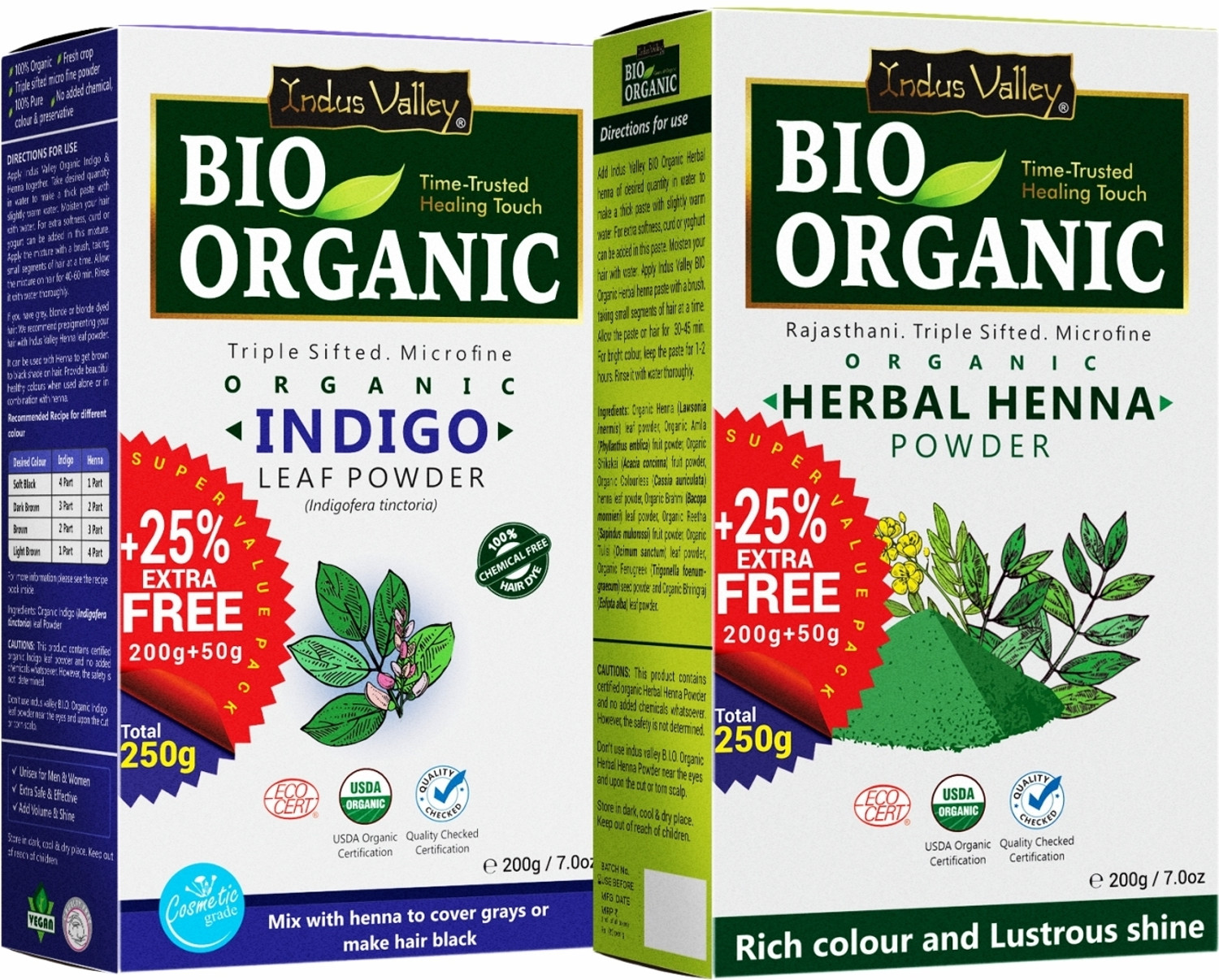 Indus Valley Bio Organic Indigo Powder and Henna Combo Pack For Black Hair Color