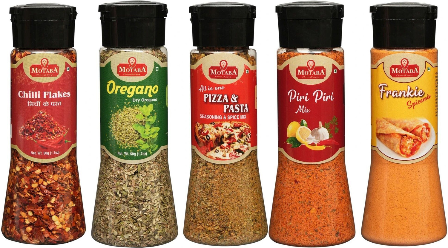 Image of motaba masala Chilli Flakes, Dry Oregano, Pizza-Pasta Seasoning, Piri Piri & Franky Spice -