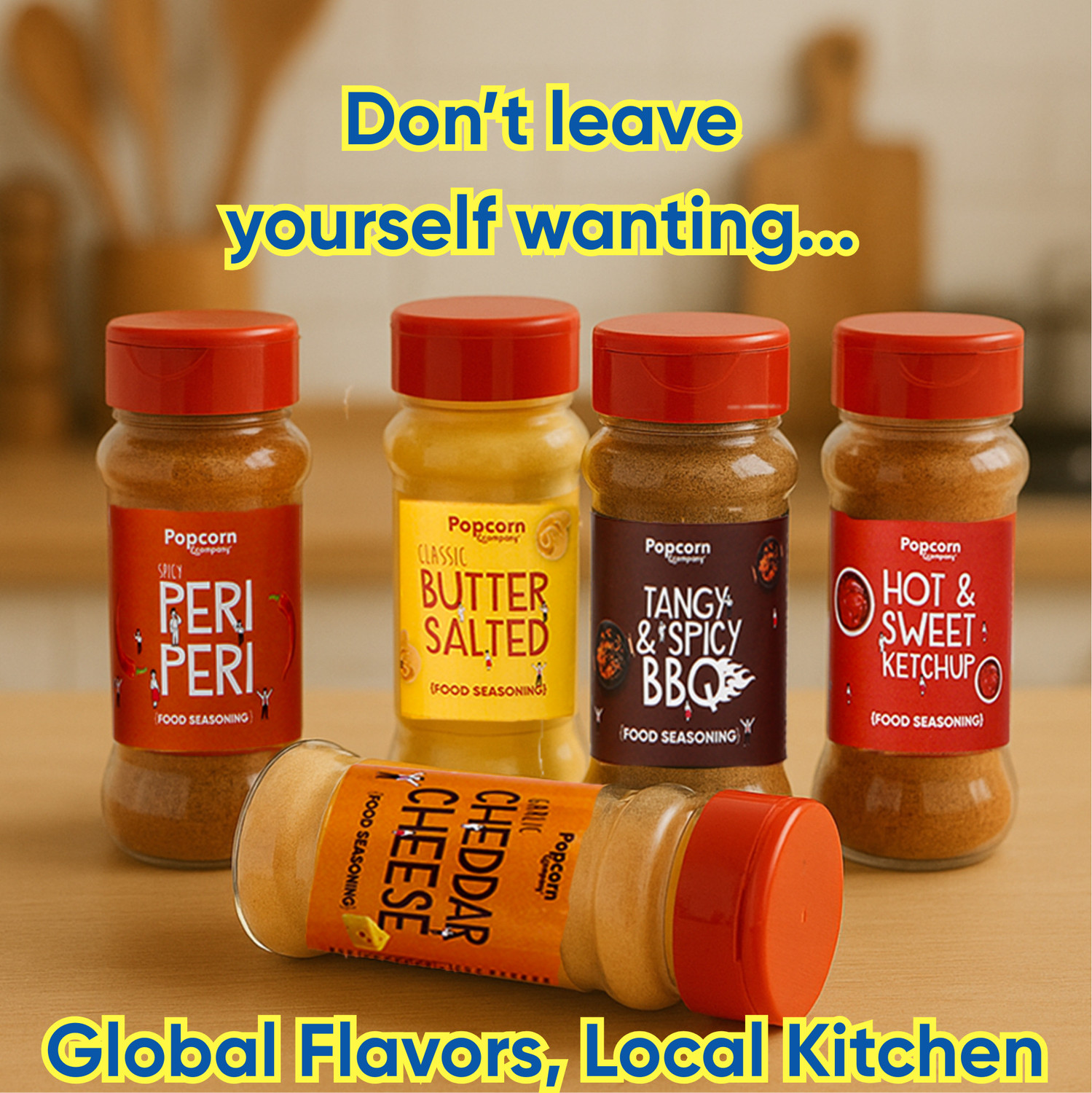 Image of POPCORN&COMPANY Seasoning Powder Combo 390gm Butter Salt, Garlic Cheese, BBQ, Hot & Sweet & Peri