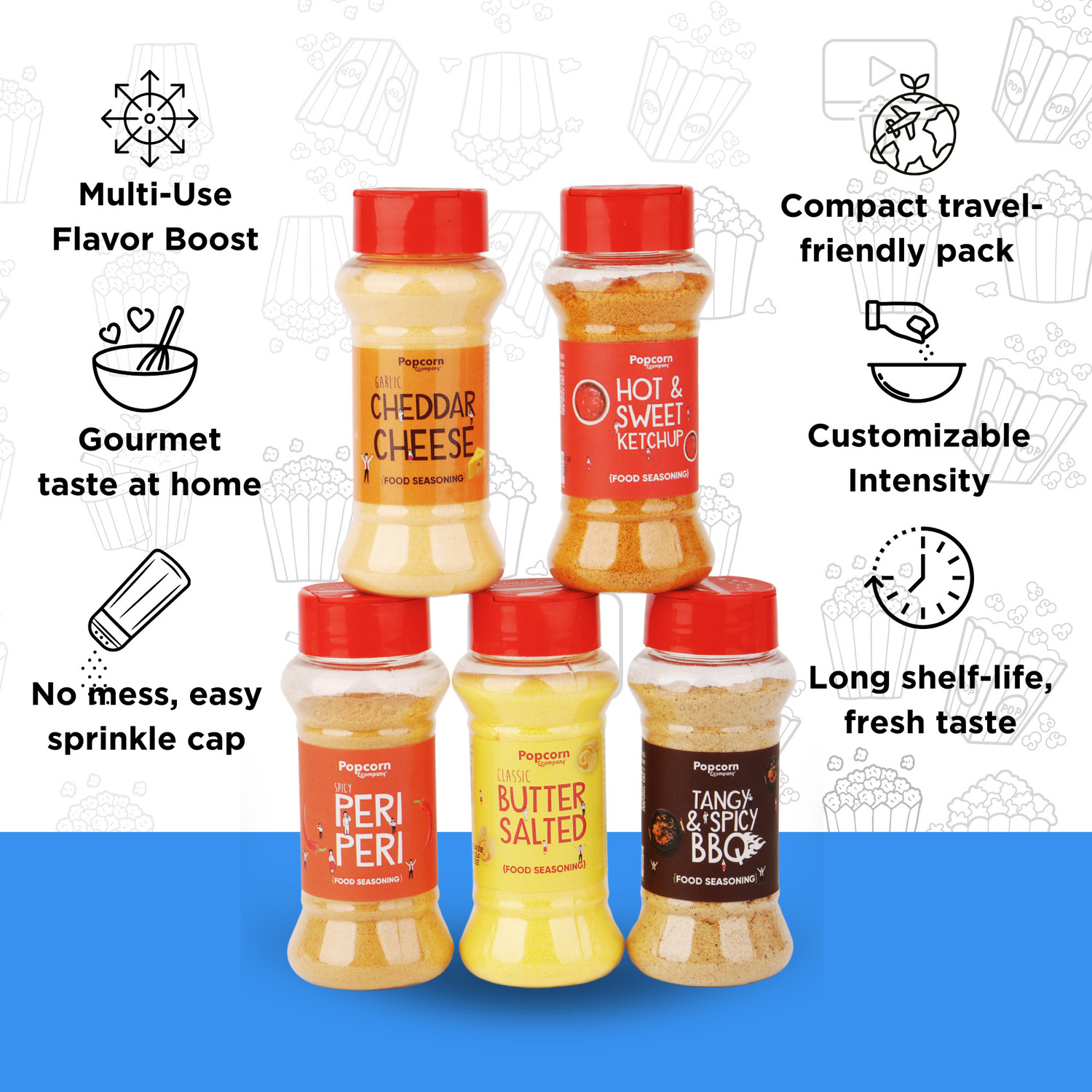 Image of POPCORN&COMPANY Seasoning Powder Combo 390gm Butter Salt, Garlic Cheese, BBQ, Hot & Sweet & Peri