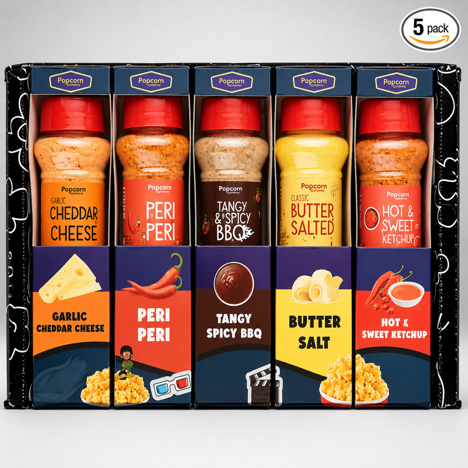 Image of POPCORN&COMPANY Seasoning Powder Combo 390gm Butter Salt, Garlic Cheese, BBQ, Hot & Sweet & Peri