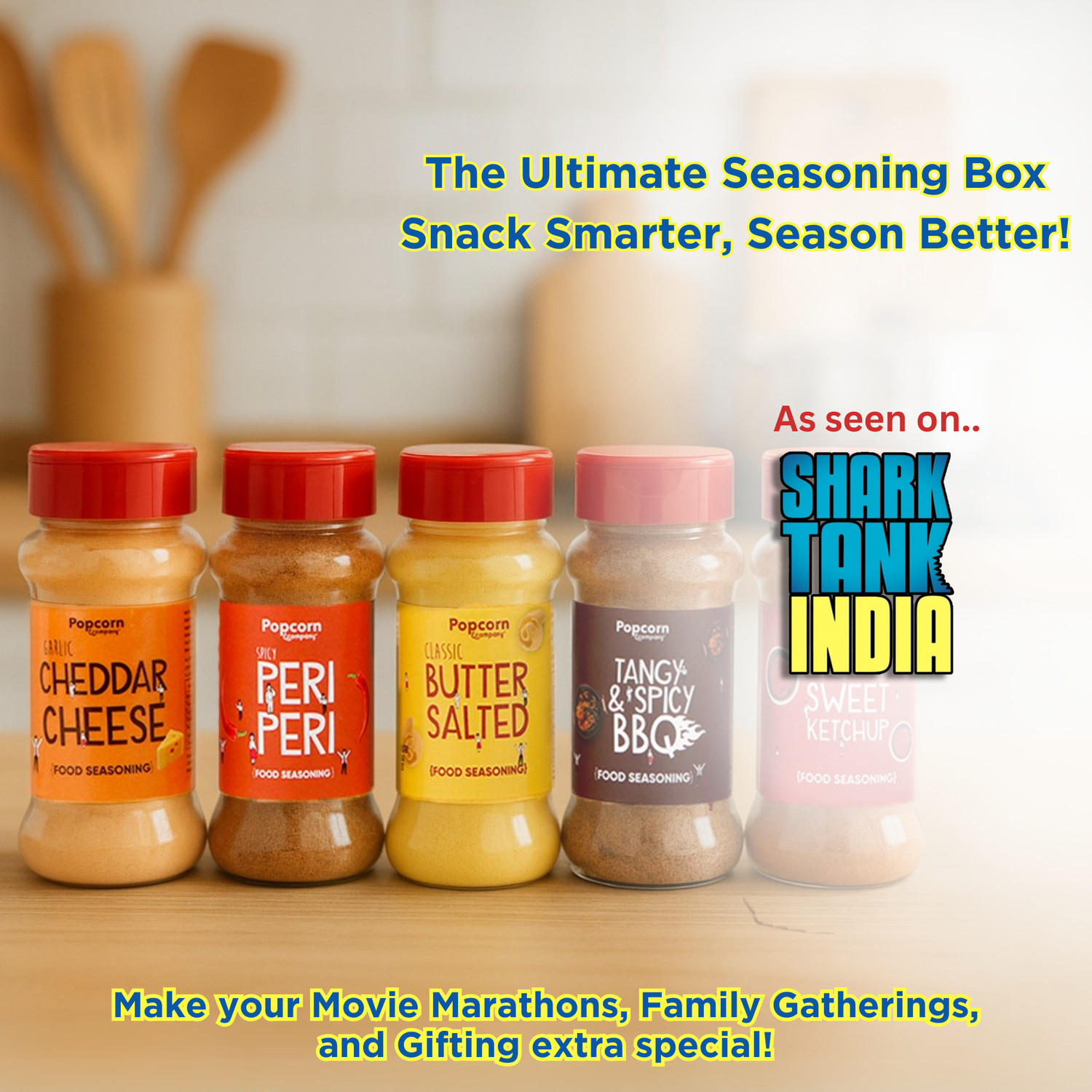 Image of POPCORN&COMPANY Seasoning Powder Combo 390gm Butter Salt, Garlic Cheese, BBQ, Hot & Sweet & Peri