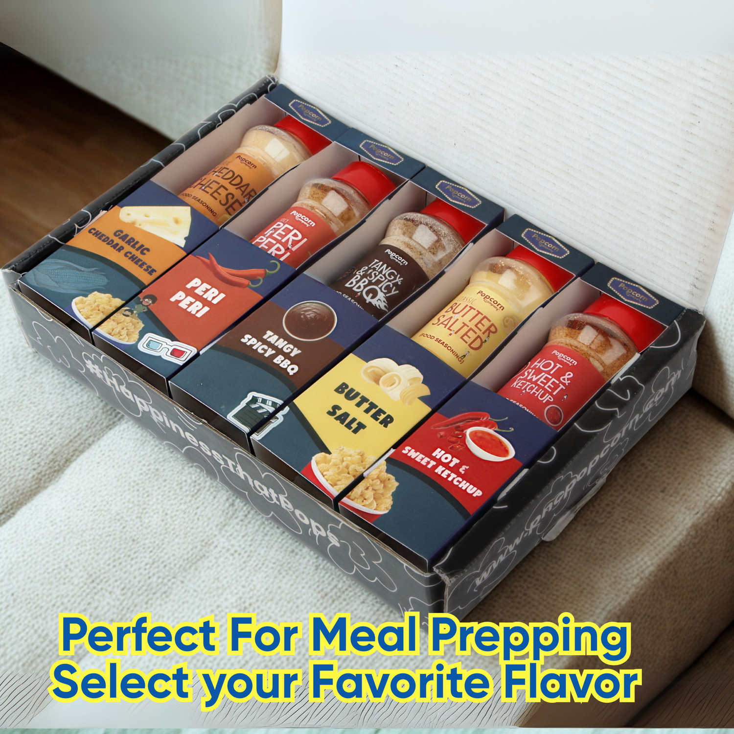 Image of POPCORN&COMPANY Seasoning Powder Combo 390gm Butter Salt, Garlic Cheese, BBQ, Hot & Sweet & Peri