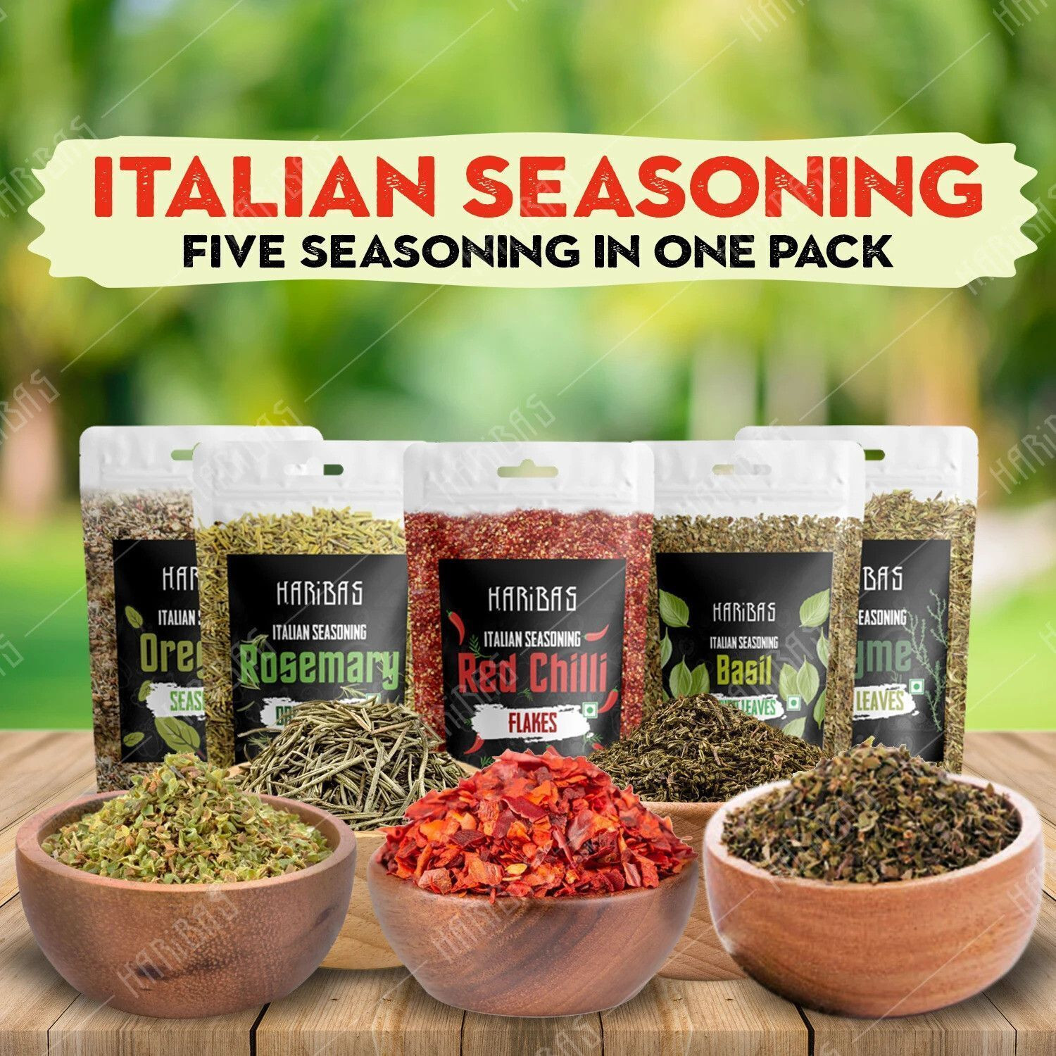 Image of HARIBAS Pack of 5 Seasoning Combo Oregano,Chilli Flakes,Basil,Thyme & Rosemary 20gm each