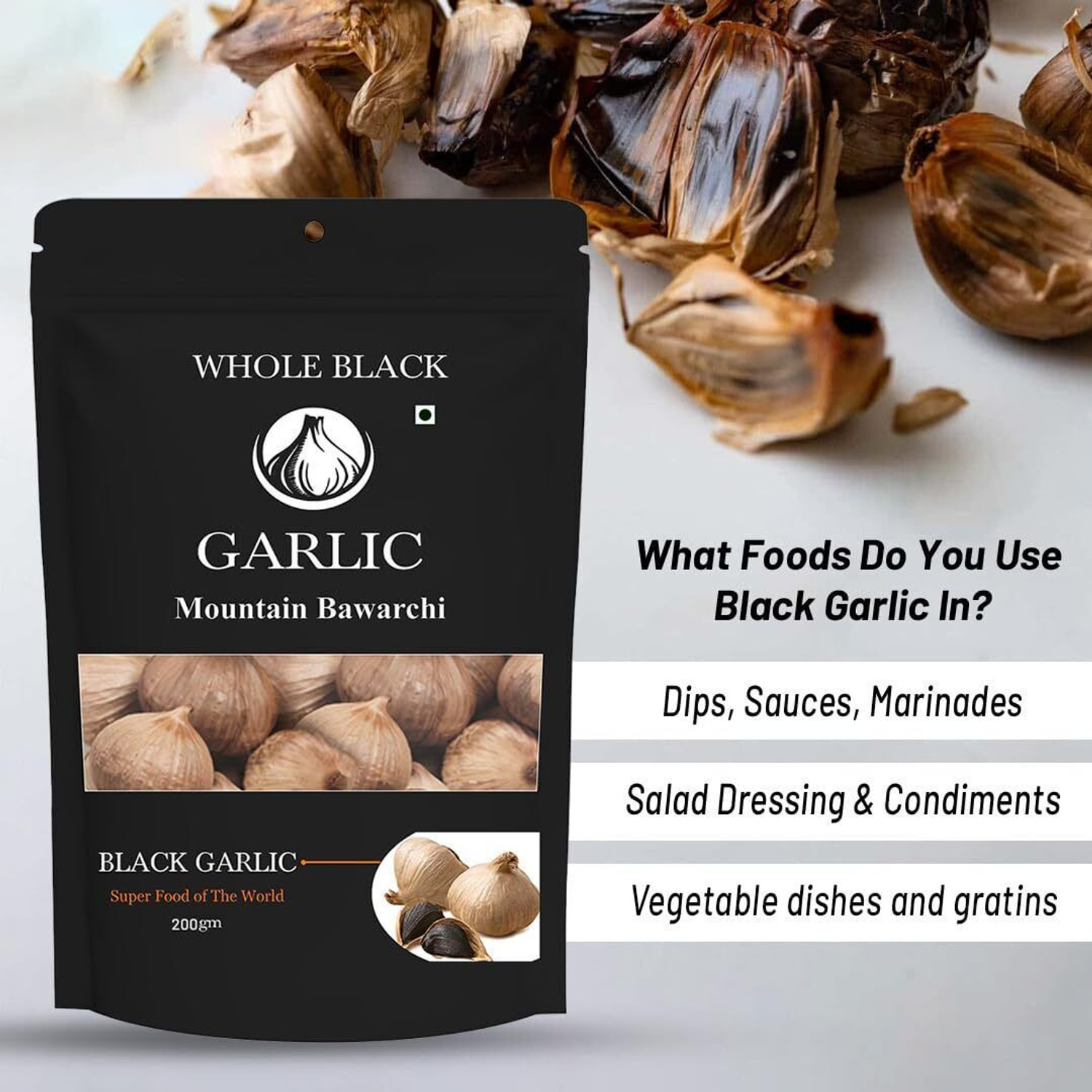 Image of Mountain Bawarchi Black Garlic Whole | Garlic Non-Pungent Great Taste Highly Nutritious