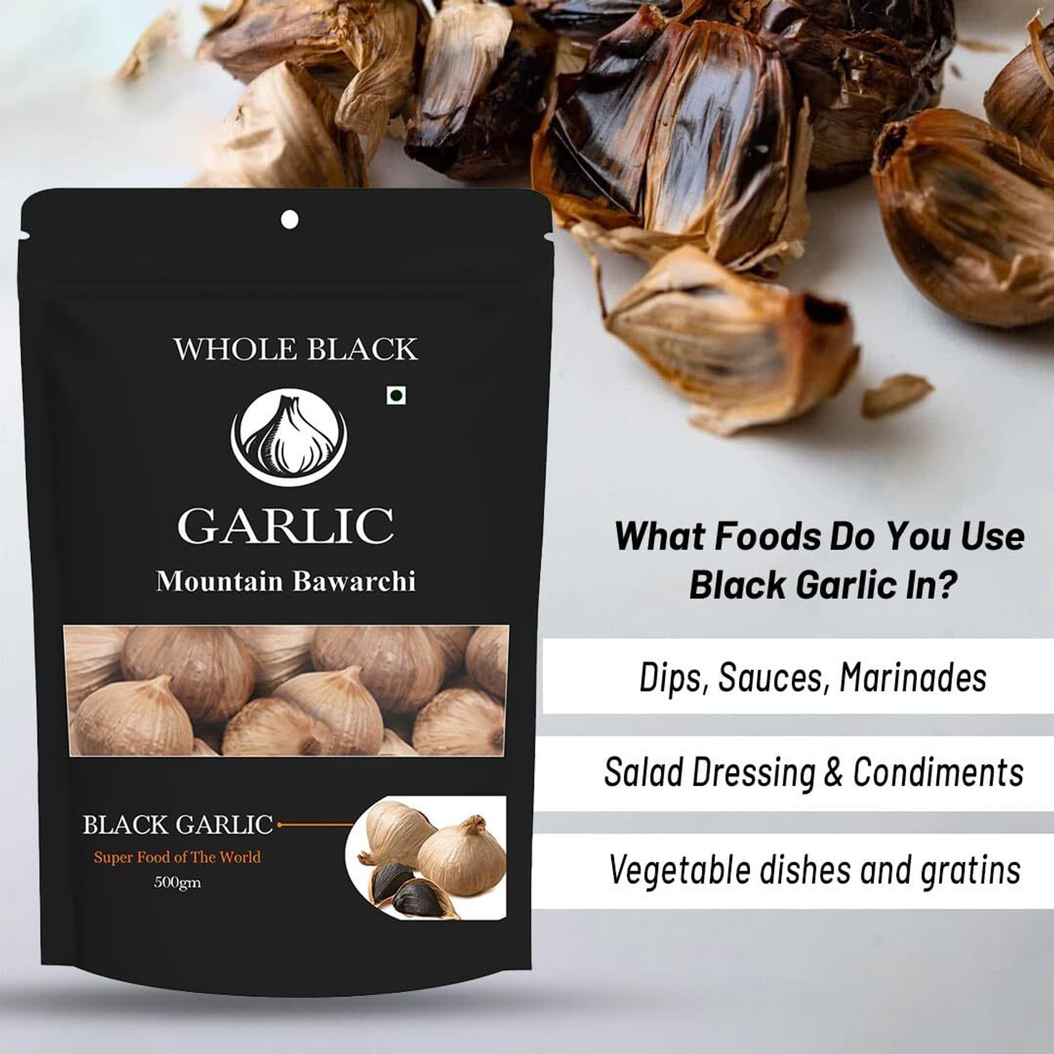 Image of Mountain Bawarchi Black Garlic Whole | Garlic Non-Pungent Great Taste Highly Nutritious