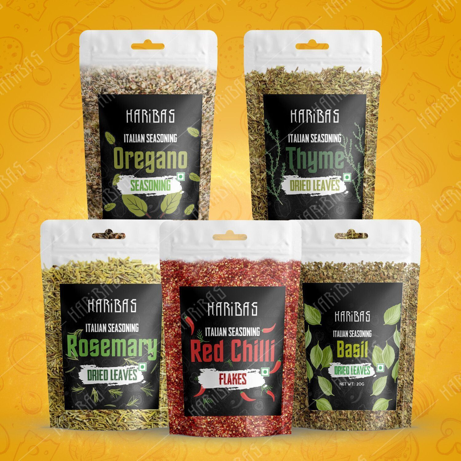 Image of HARIBAS Pack of 5 Seasoning Combo Oregano,Chilli Flakes,Basil,Thyme & Rosemary 20gm each