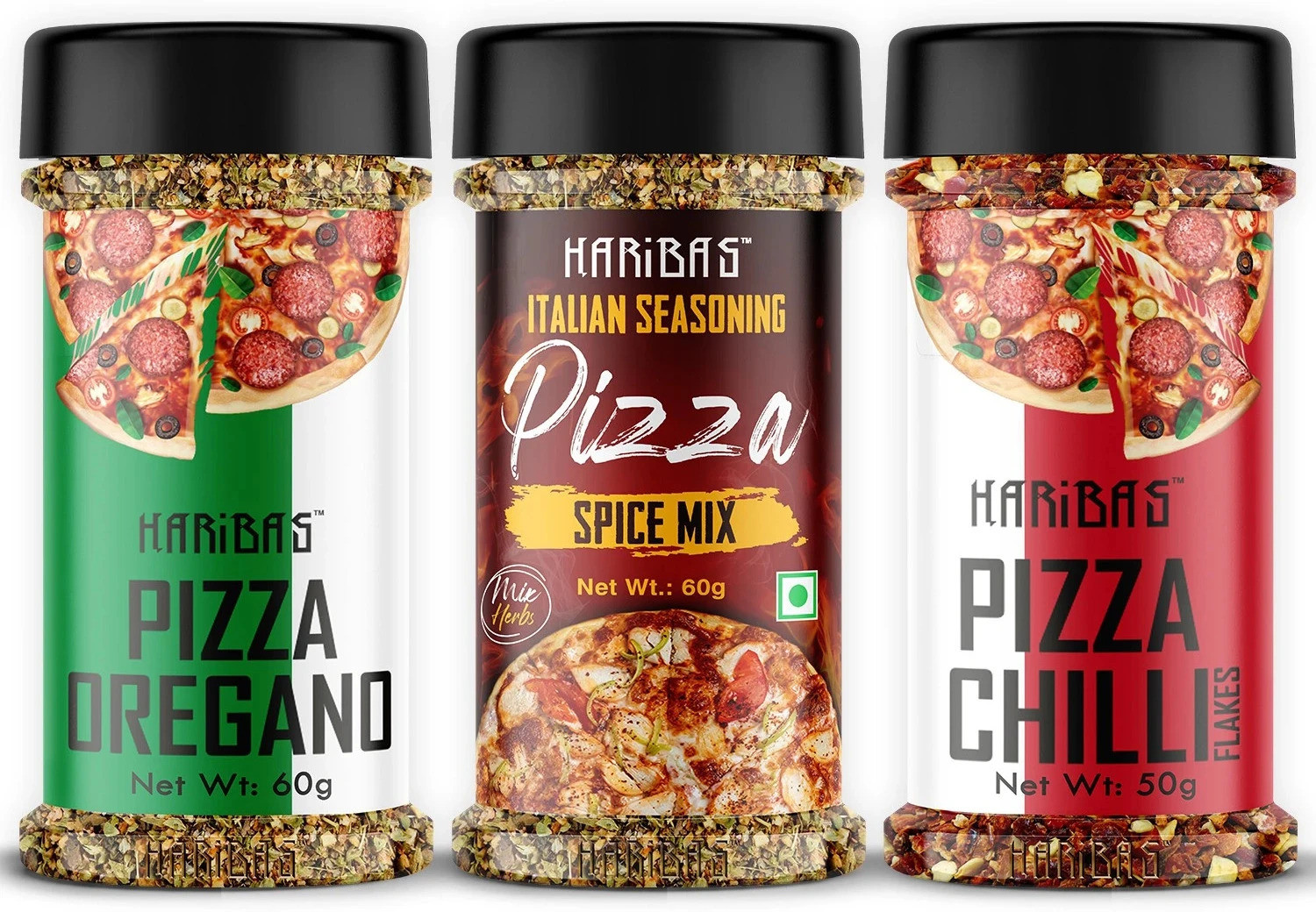 Image of HARIBAS Italian Mix Herb Seasoning Combo Pack Chilli Flakes 50GM, Oregano 60GM and Pizza Spice Mix 60g for Pizza, Pasta Pizza Seasoning In Sprinkler Bottle