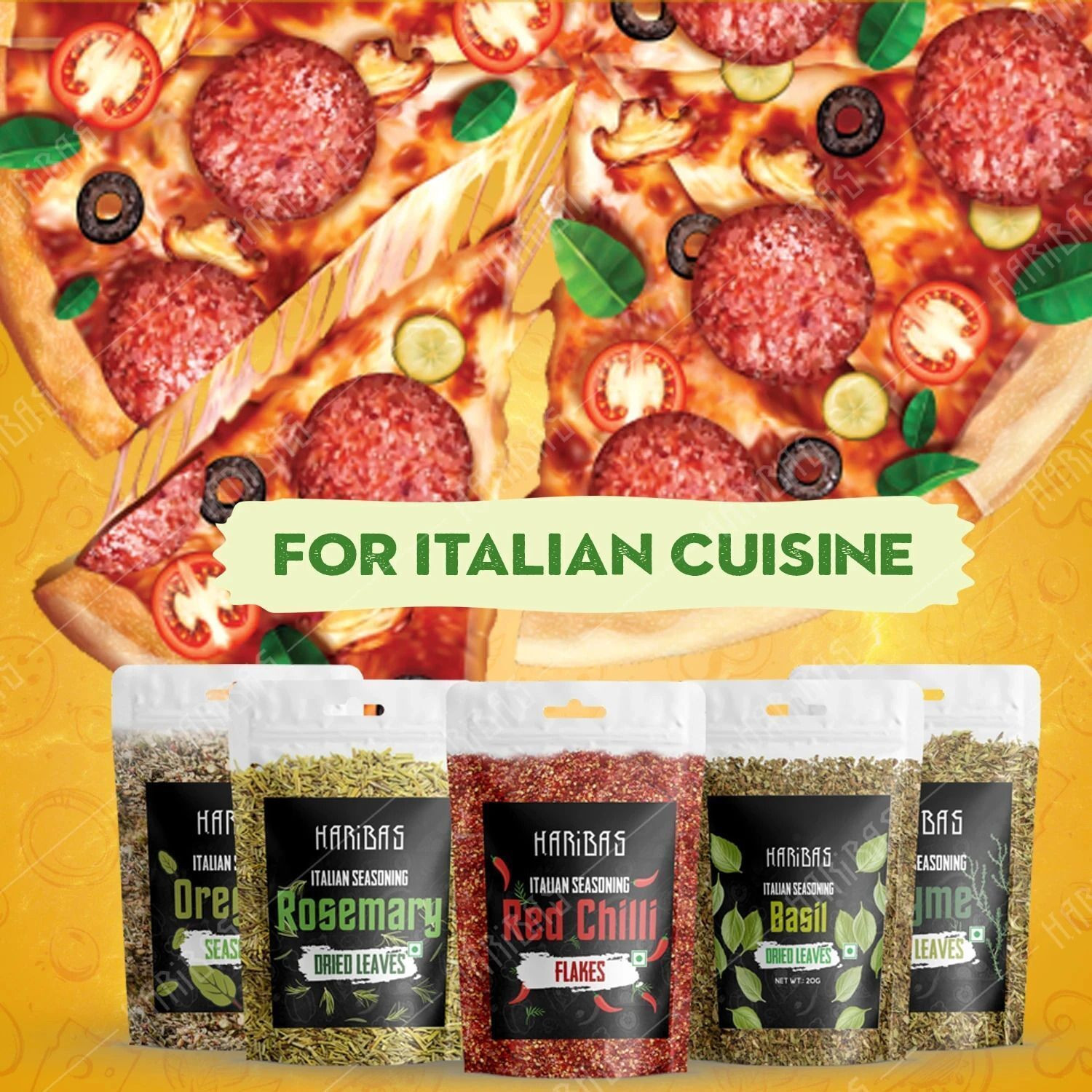 Image of HARIBAS Pack of 5 Seasoning Combo Oregano,Chilli Flakes,Basil,Thyme & Rosemary 20gm each