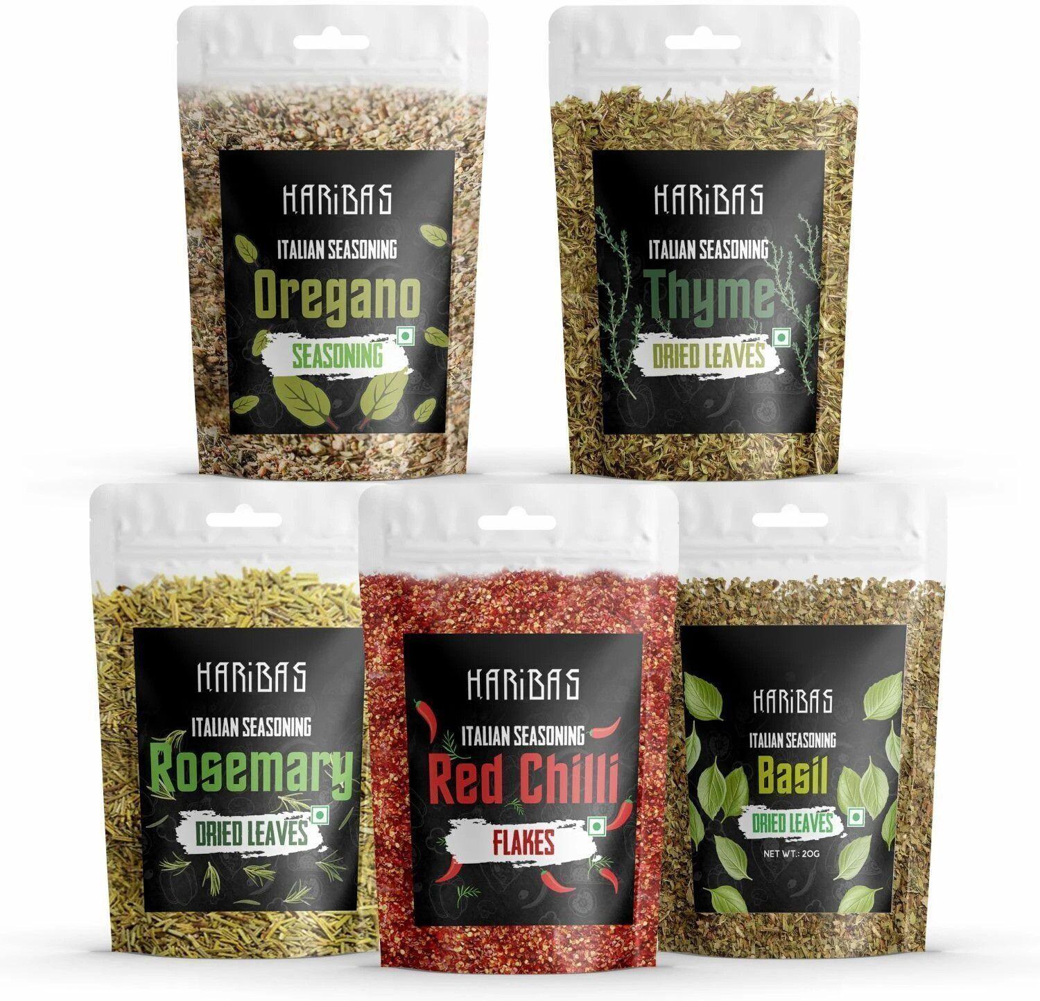 Image of HARIBAS Pack of 5 Seasoning Combo Oregano,Chilli Flakes,Basil,Thyme & Rosemary 20gm each