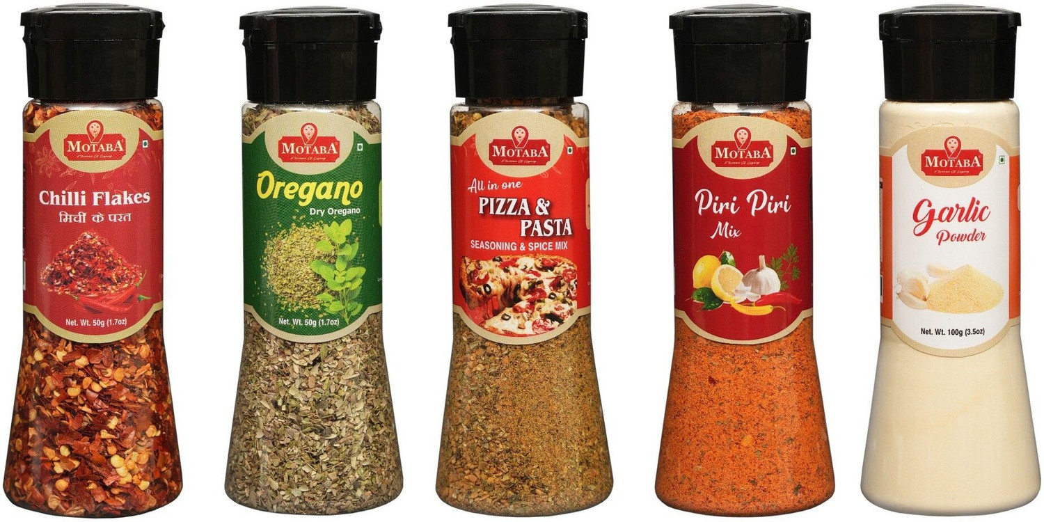 Image of motaba masala Chilli Flakes, Dry Oregano, Pizza-Pasta Seasoning, Piri Piri & Garlic Powder -