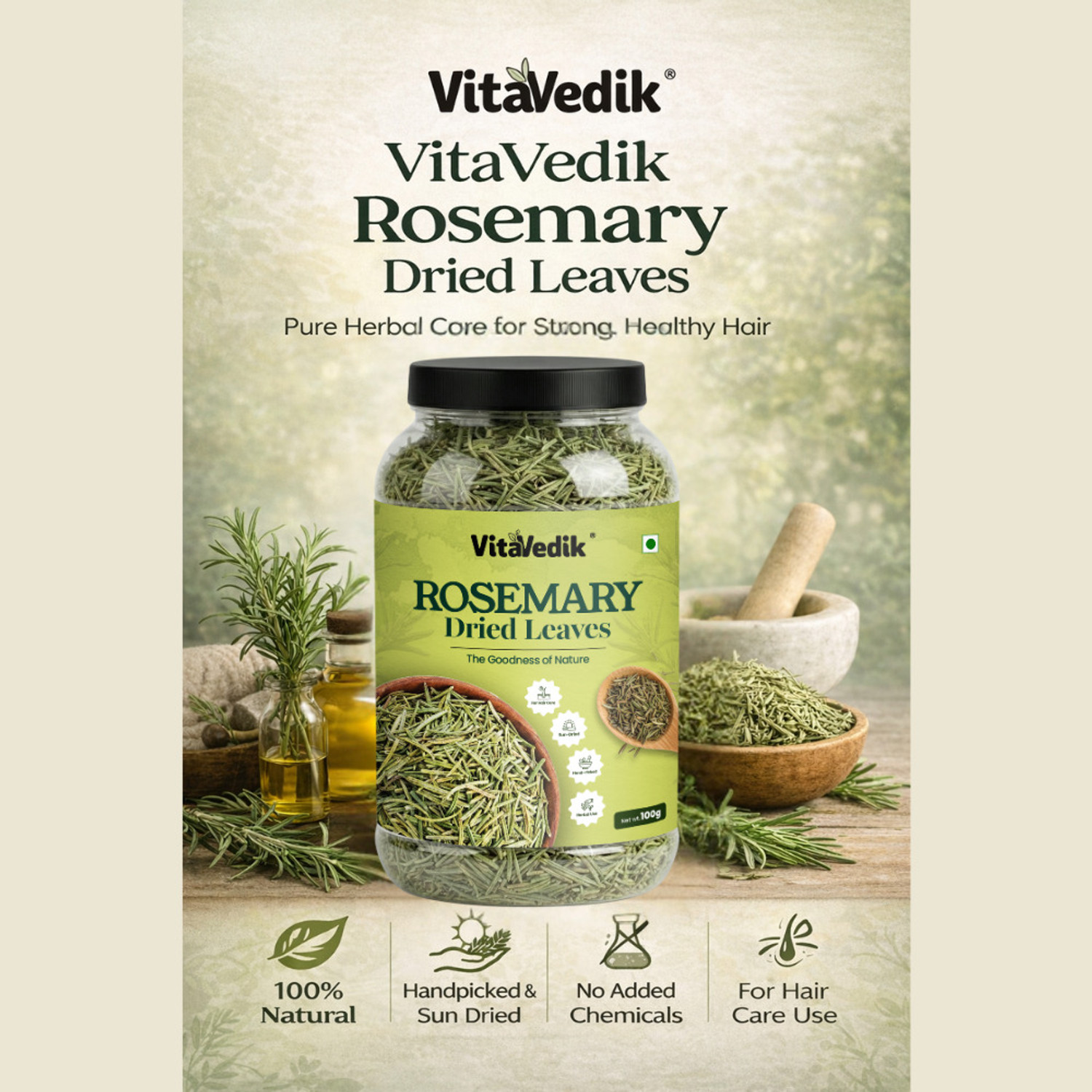 Image of VitaVedik Rosemary Dried Leaves for Hair Growth with Mist Spray & Hair Oil Applicator