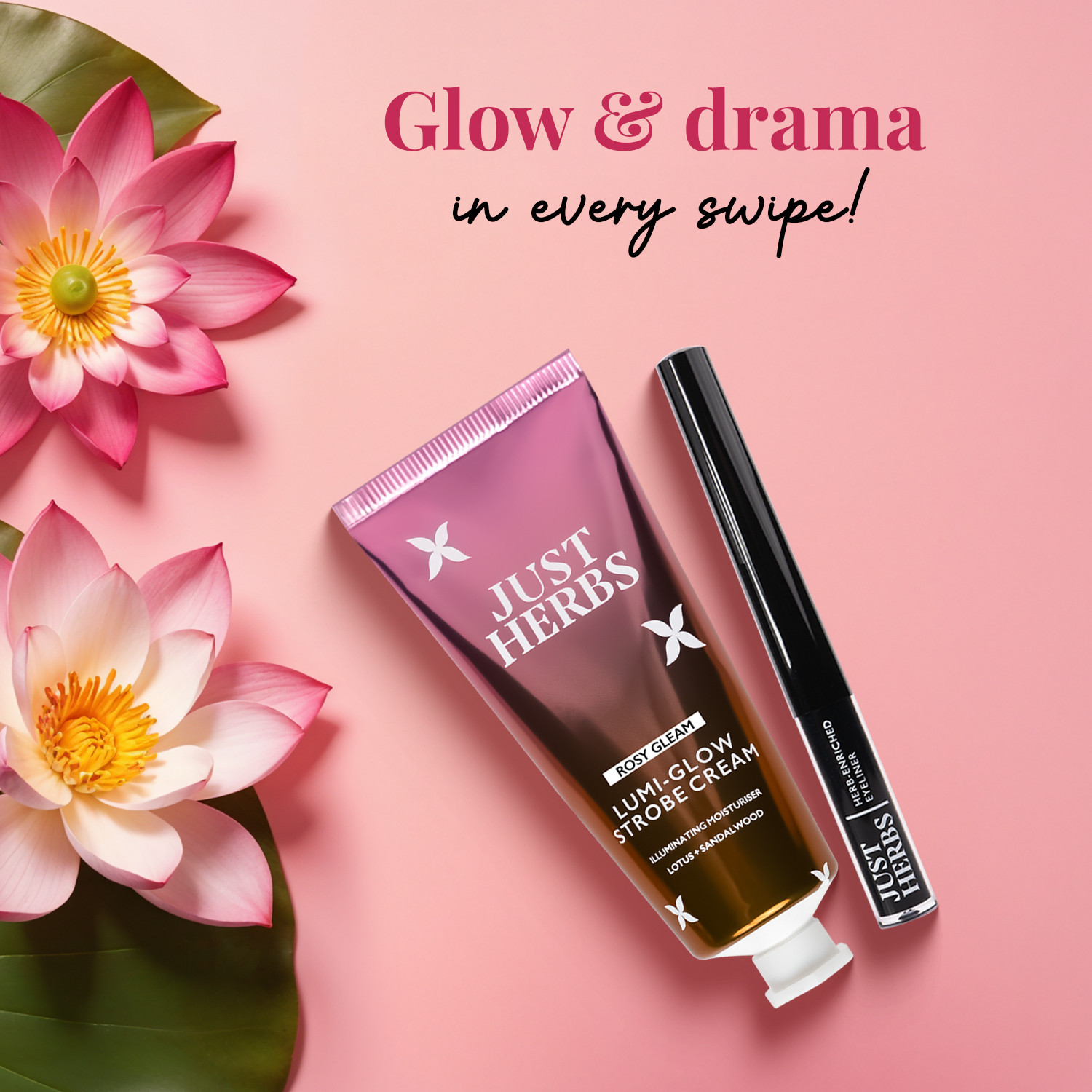 Image of Just Herbs Magnetic Combo Pack (Rosy Gleam Strobe Cream, Deep Black Eyeliner) Highlighter