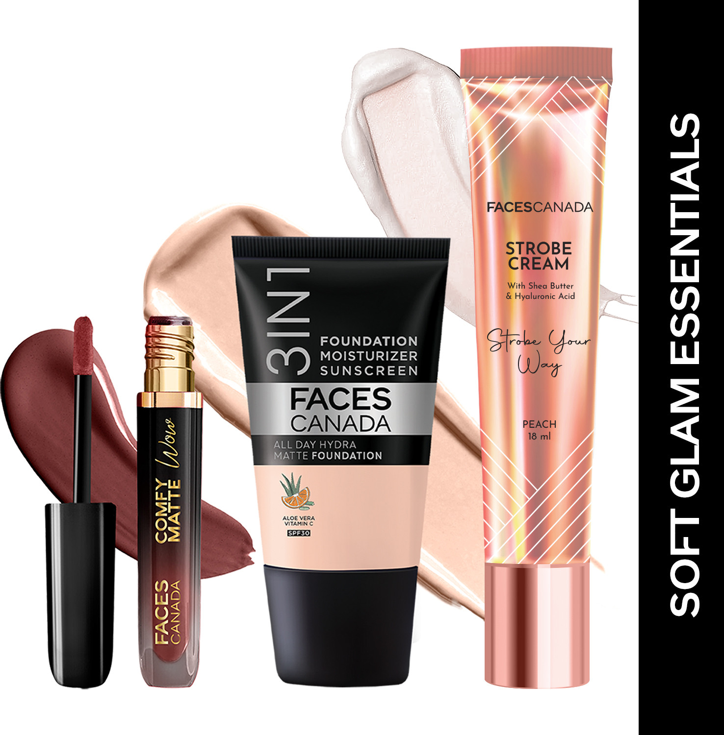 Image of FACES CANADA Soft Glam Essentials: Foundation 18ml+Comfy Wow Lipstick 3.8ml+Strobe Cream 18ml Highlighter