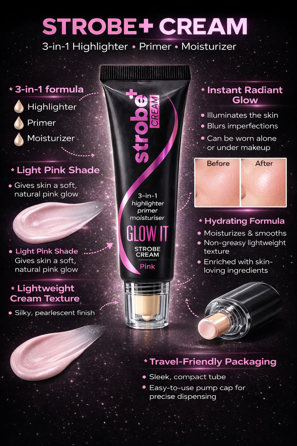 Image of GLOW IT 3-in-1 Strobe Cream Pink 30g - Illuminating Highlighter Primer Moisturizer Highlighter