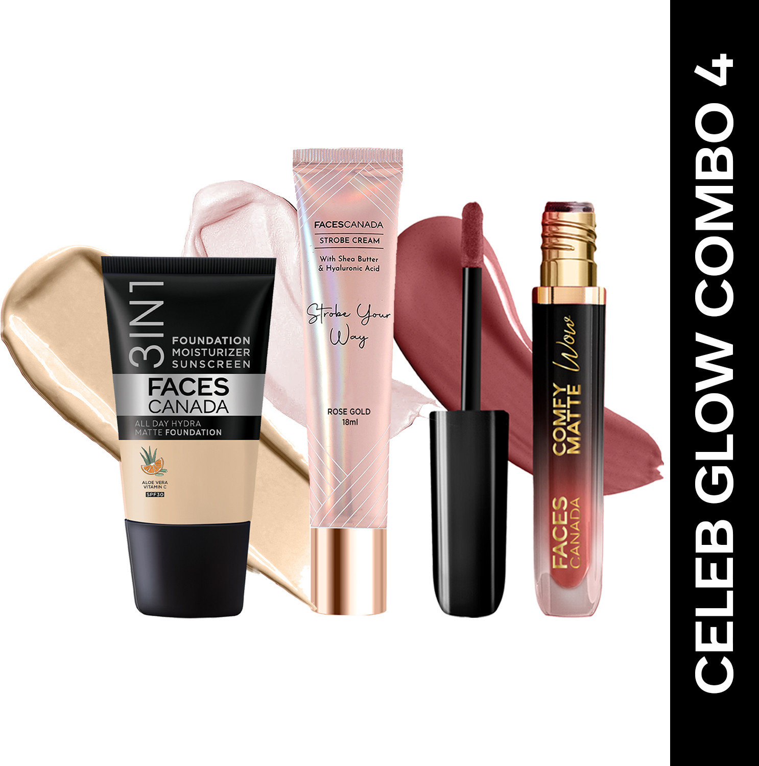 Image of FACES CANADA 3in1 Foundation(18ml)+ Comfy Matte Wow Lipstick(3.8ml)+ Strobe Cream(18ml) Dewy Highlighter