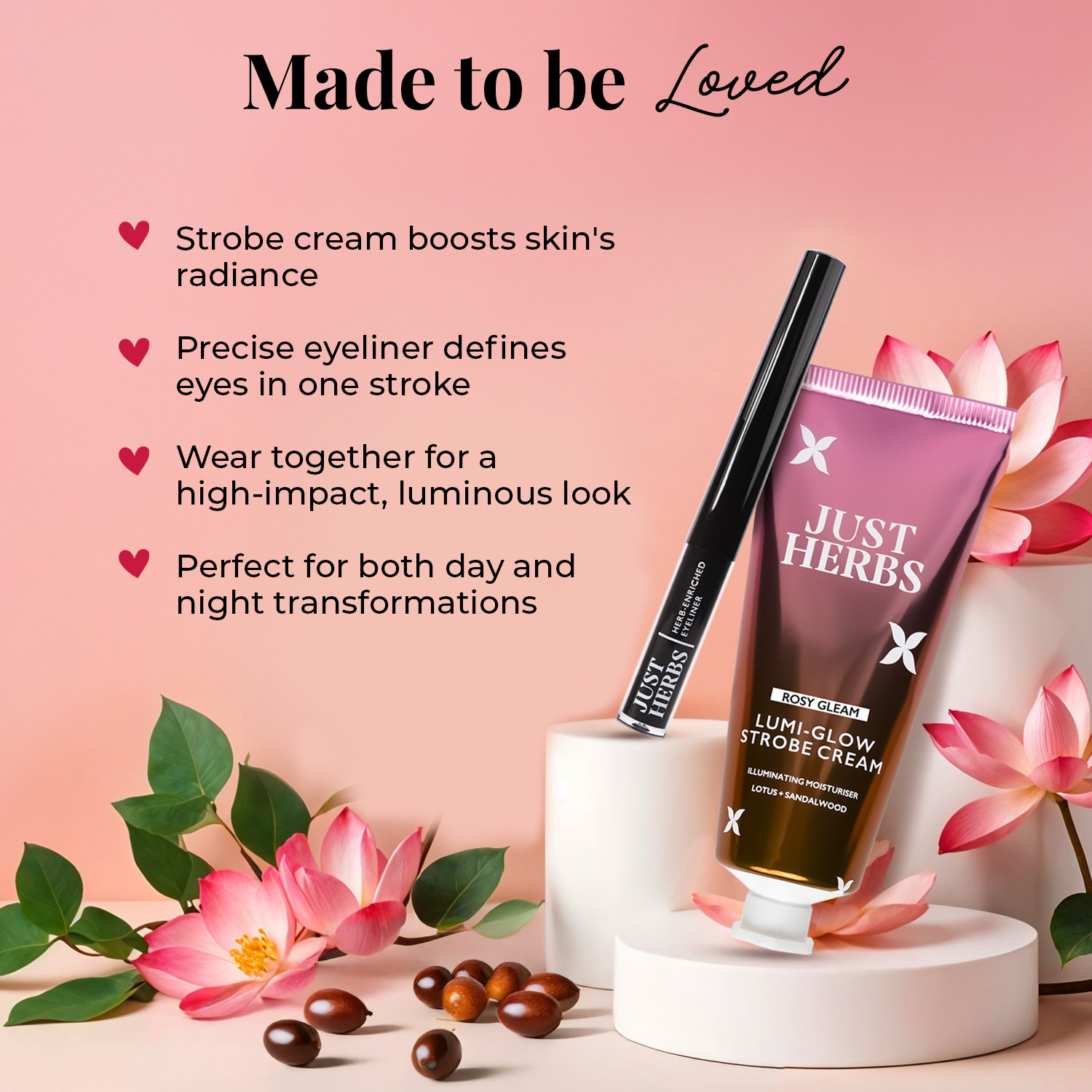 Image of Just Herbs Magnetic Combo Pack (Rosy Gleam Strobe Cream, Deep Black Eyeliner) Highlighter