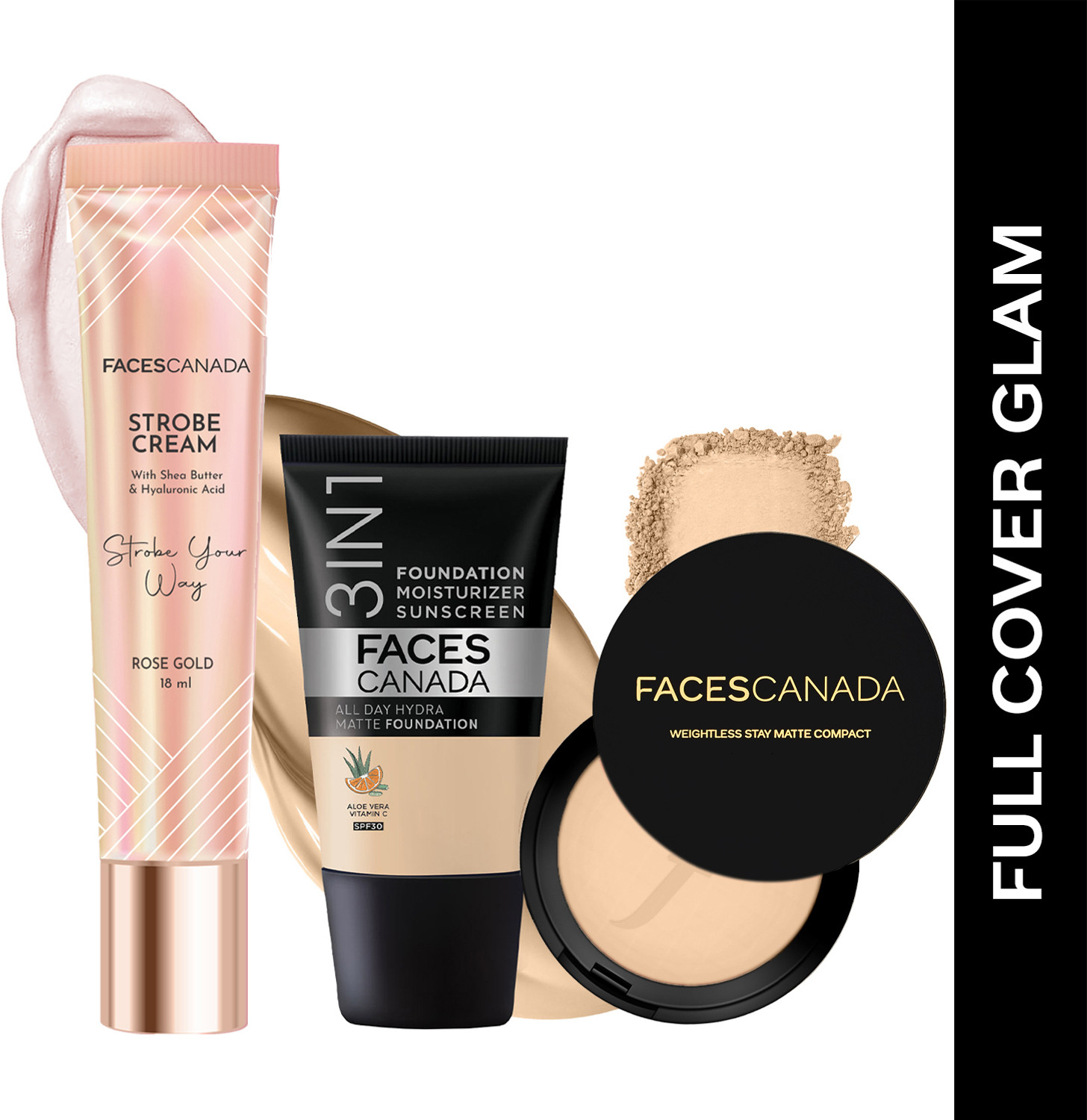 FACES CANADA Strobe Cream (18ml) + Compact Powder (9gm) +Hydra Matte Foundation (18ml) |Glowy Compact