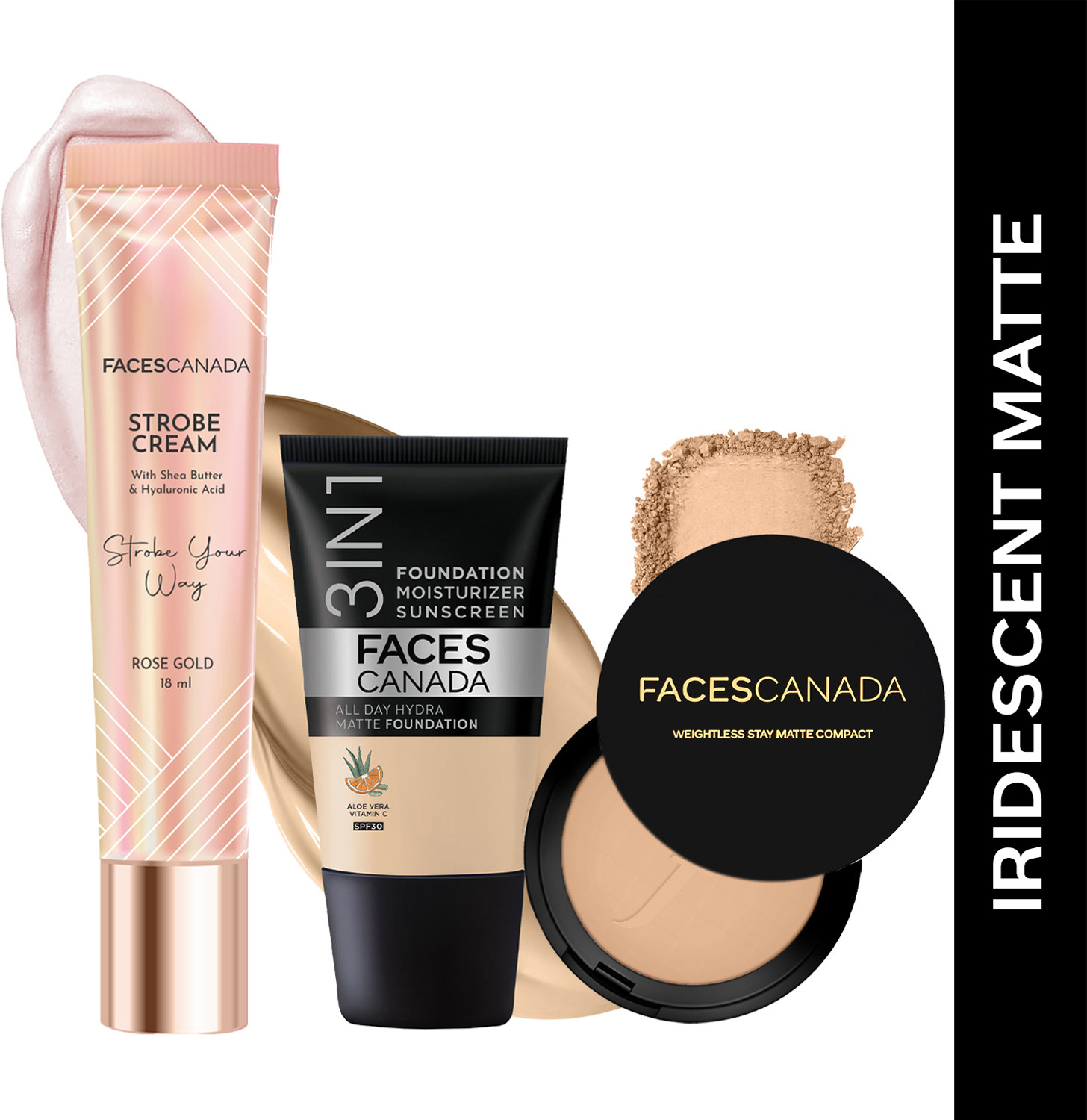 Image of FACES CANADA Strobe Cream (18ml) + Compact Powder (9gm) +Hydra Matte Foundation (18ml) |Glowy Compact