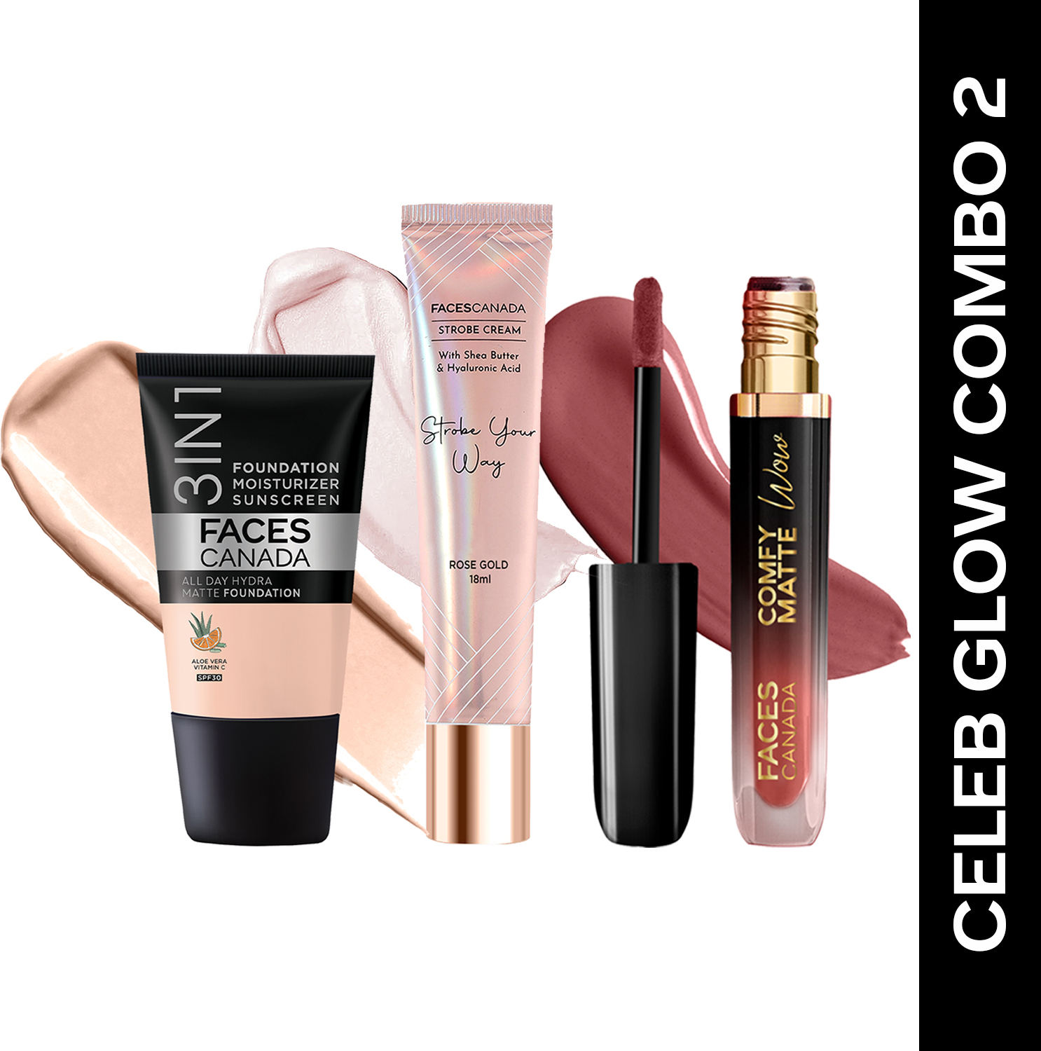 FACES CANADA 3in1 Foundation(18ml)+ Comfy Matte Wow Lipstick(3.8ml)+ Strobe Cream(18ml) Dewy Highlighter