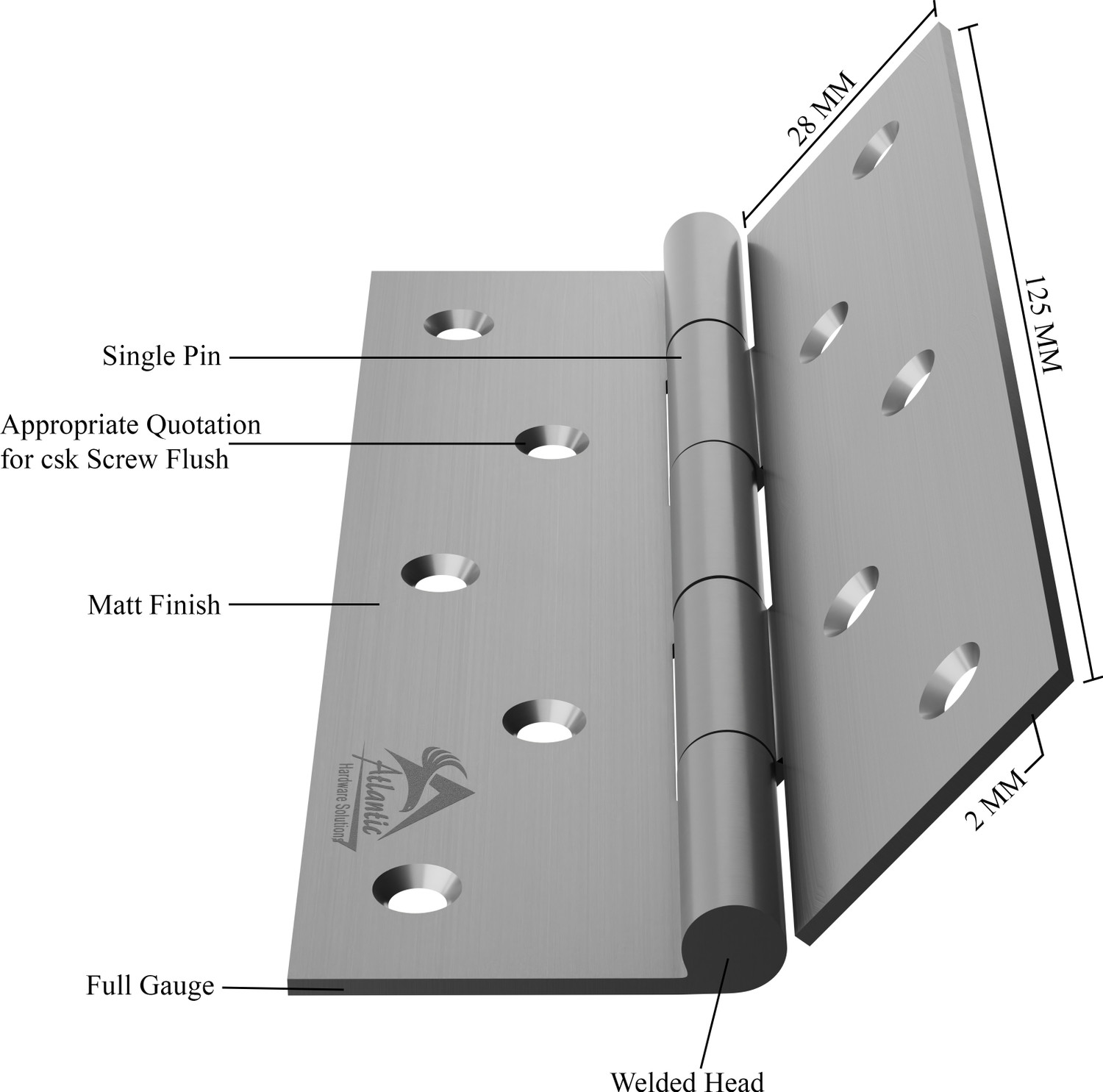 Image of ATLANTIC Window Butt Hinges 5 inch x 14 Gauge /2 mm Thickness Matt Finish Butt /Mortise Hinge