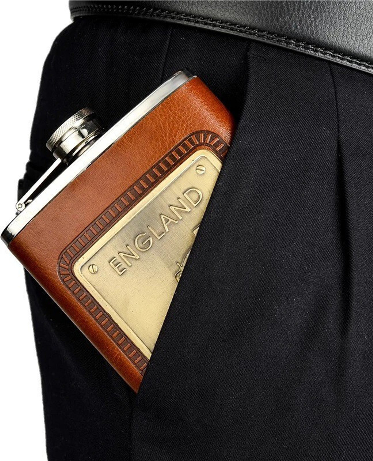 Image of Protos England Stainless Steel Hip Stitched Leather Stainless Steel Hip Flask
