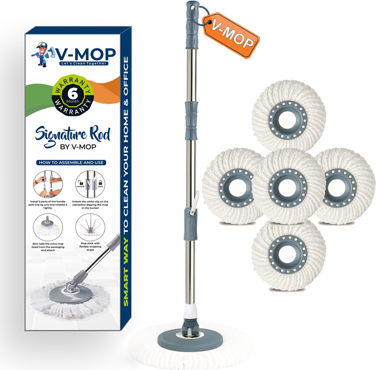 Image of V-MOP Premium Classic Grey Mop Stick- India's Best Rod Set With 5 Microfiber Refills, Easy to fit for All Bucket Mops-85 Cleaning Wipe