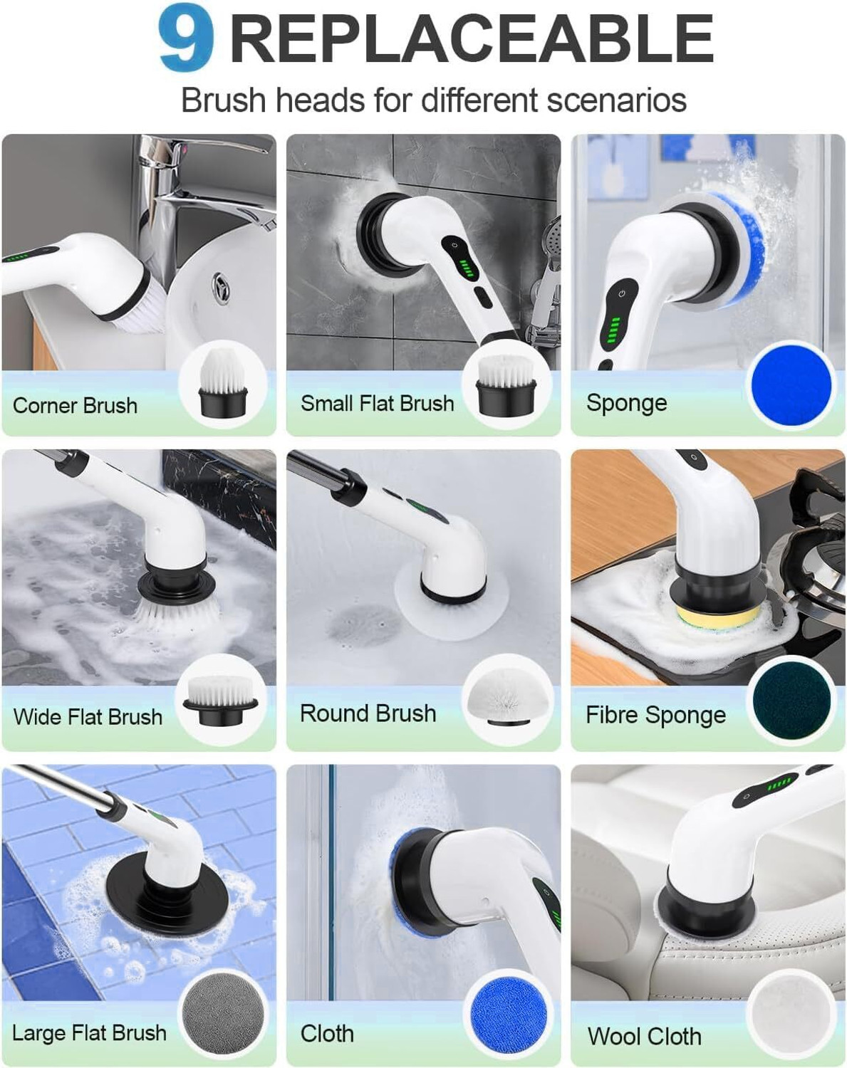 Image of Opnex 9 in 1 Cordless Electric Spin Scrubber Cleaning Brush Scrubber, Mop for Home Microfibre Wet and Dry Broom
