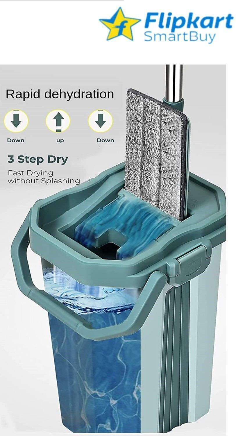 Image of Flipkart SmartBuy Green Flat Large Mop Bucket Set with 2 Soft Refill Pads & Handle (38 cm X 12 cm) Mop Set