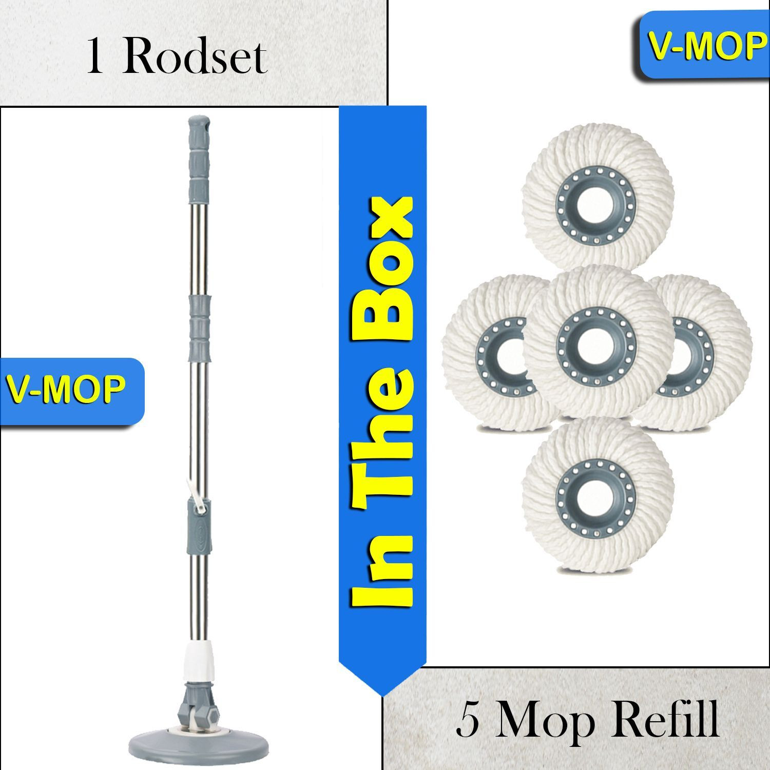 Image of V-MOP Premium Classic Grey Mop Stick- India's Best Rod Set With 5 Microfiber Refills, Easy to fit for All Bucket Mops-85 Cleaning Wipe