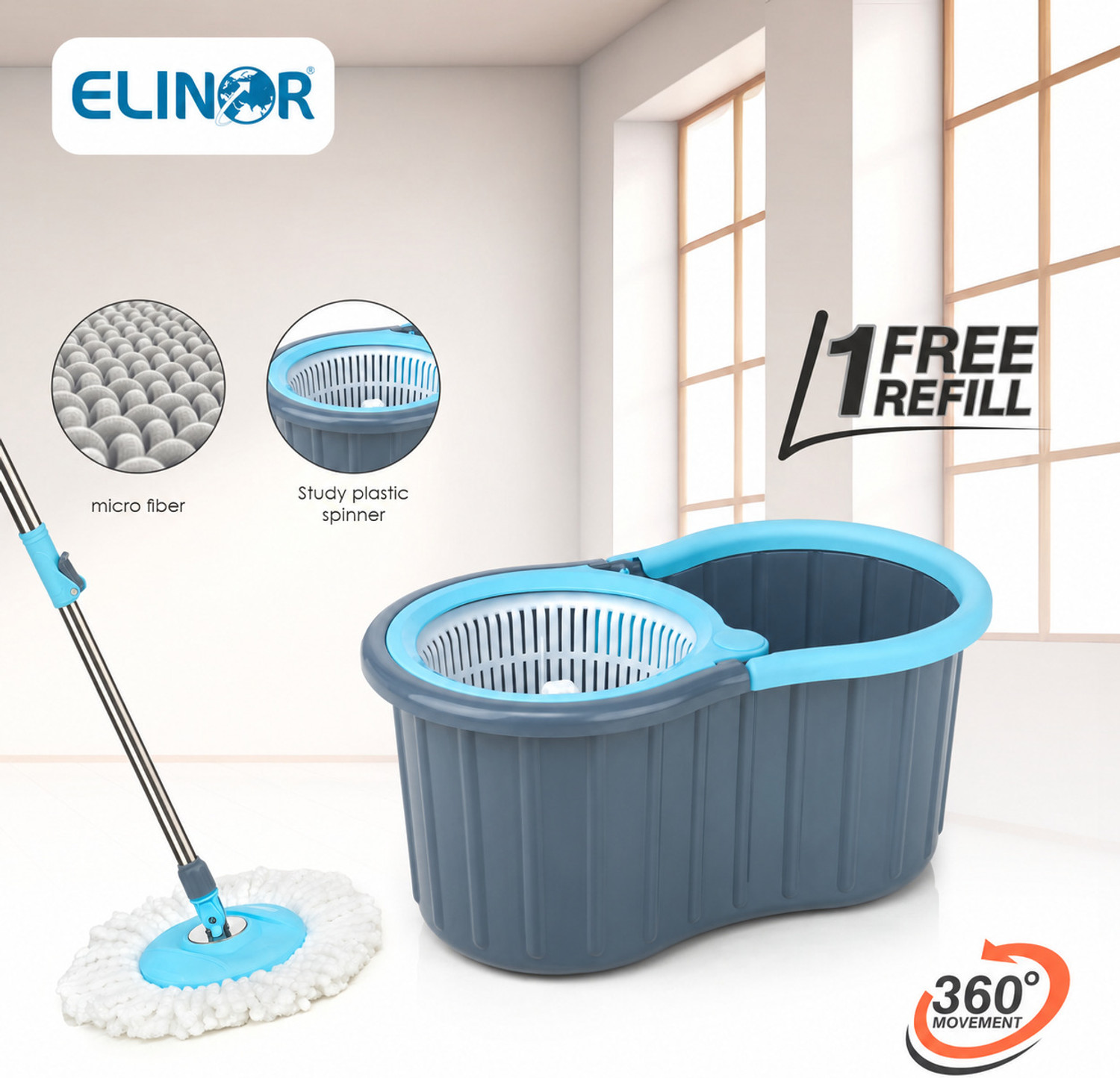 Image of ELINOR 360 REVOLVING MOP SET BUCKET MOP SET WITH PLASTIC SPINNER & 2 MICROFIBER REFILL Mop Set