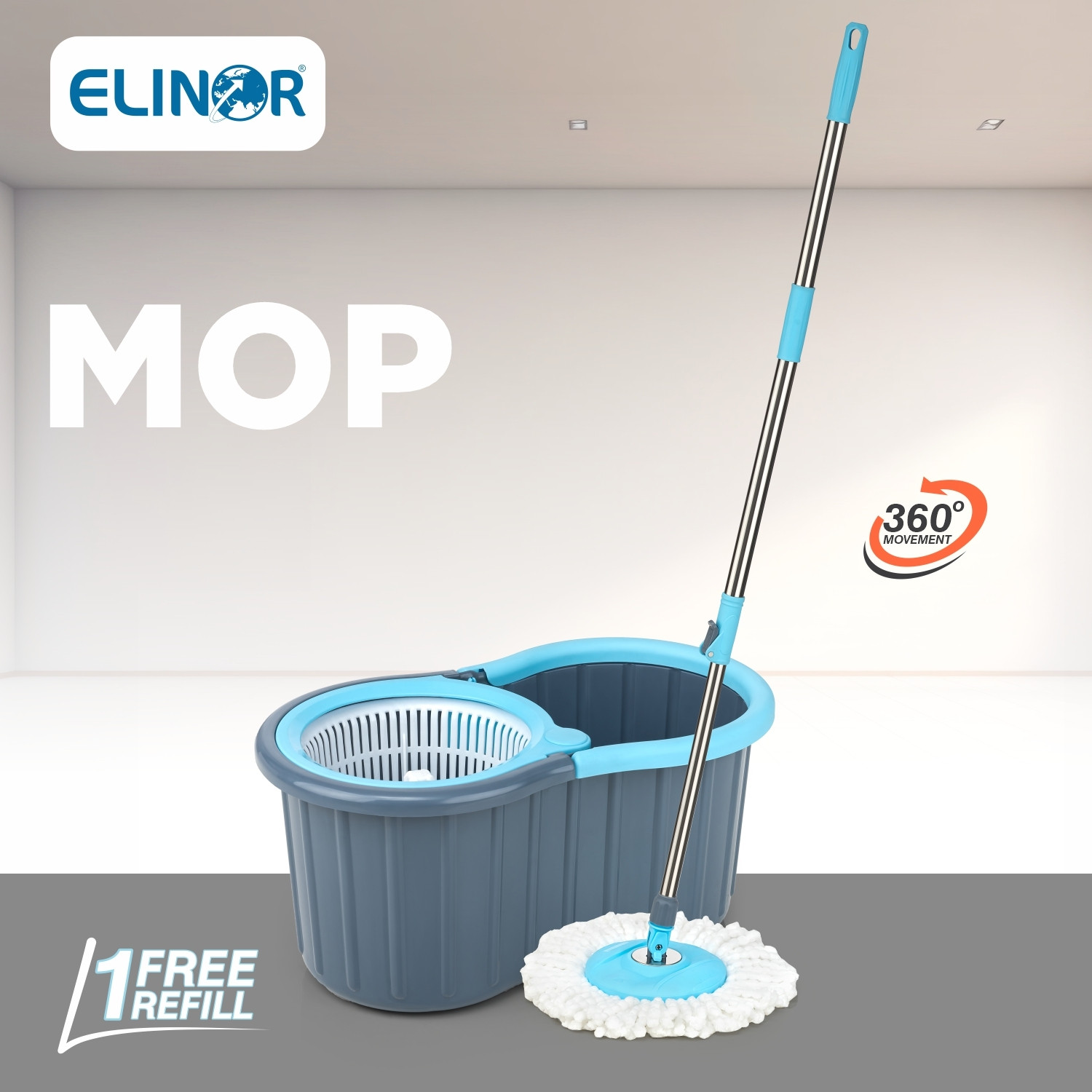 Image of ELINOR 360 REVOLVING MOP SET BUCKET MOP SET WITH PLASTIC SPINNER & 2 MICROFIBER REFILL Mop Set