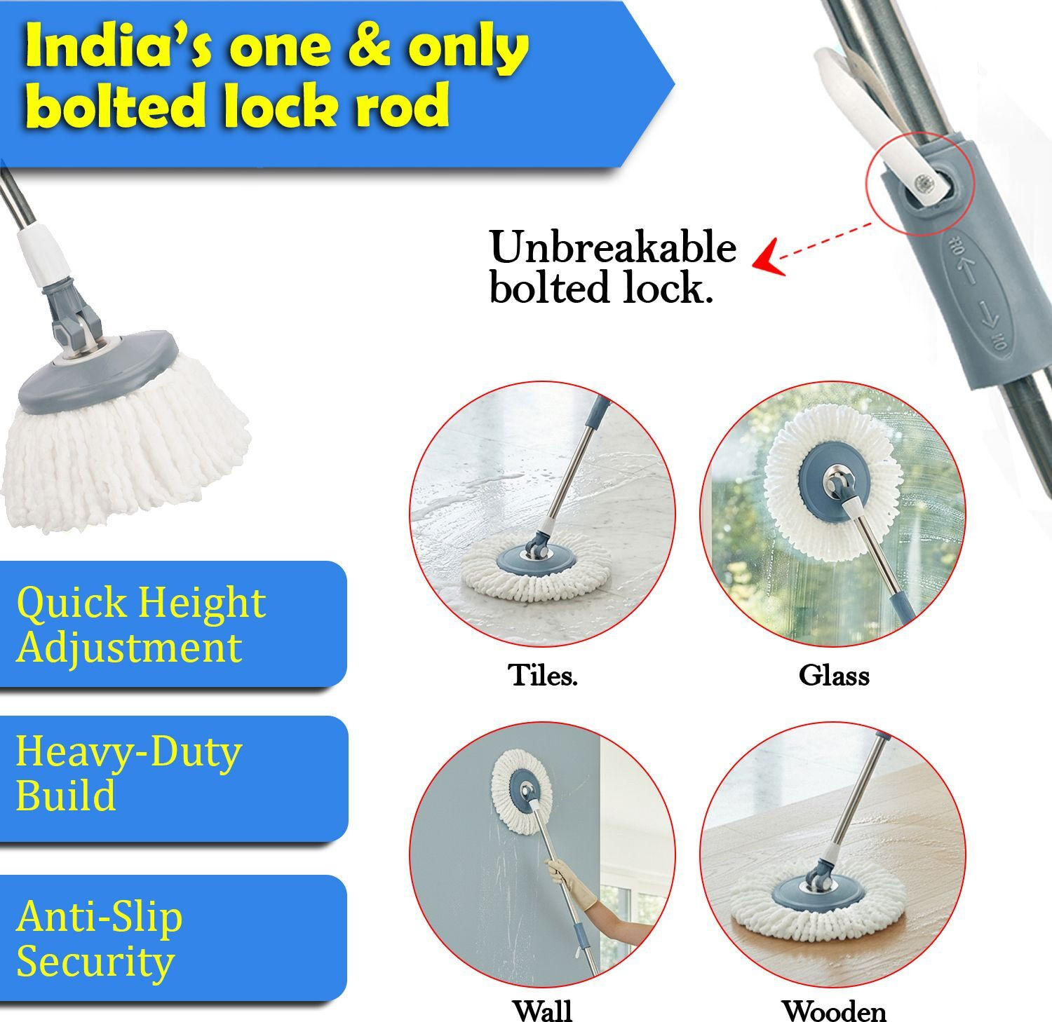 Image of V-MOP Premium Classic Grey Mop Stick- India's Best Rod Set With 5 Microfiber Refills, Easy to fit for All Bucket Mops-85 Cleaning Wipe