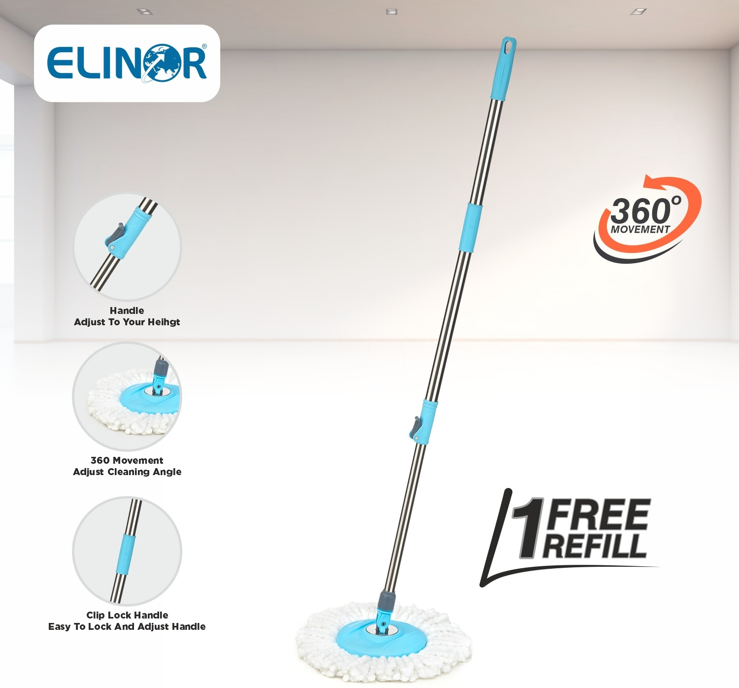 Image of ELINOR 360 REVOLVING MOP SET BUCKET MOP SET WITH PLASTIC SPINNER & 2 MICROFIBER REFILL Mop Set