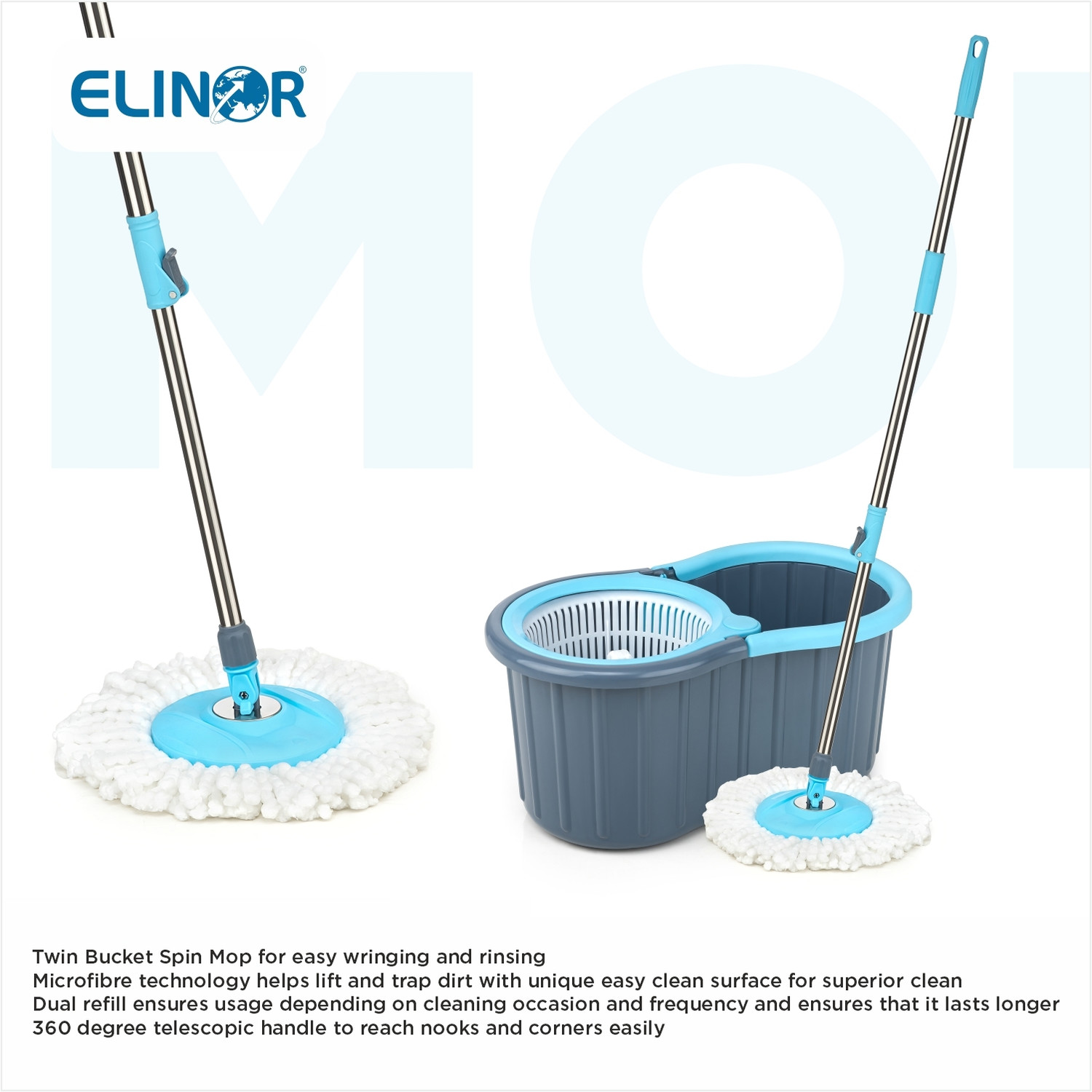 Image of ELINOR 360 REVOLVING MOP SET BUCKET MOP SET WITH PLASTIC SPINNER & 2 MICROFIBER REFILL Mop Set