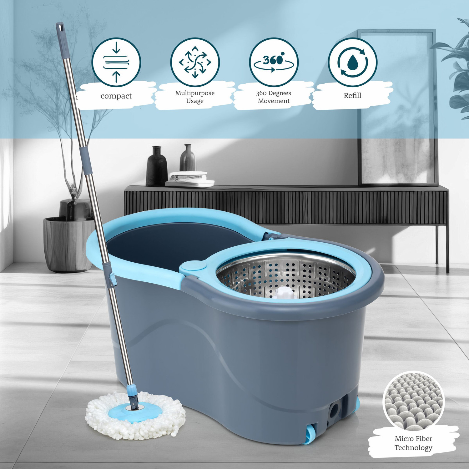 Image of Flipkart SmartBuy MOP SET FLOOR CLEANING COMES WITH 2 MICROFIBER REFILL AND MOP STICK AND 2 REFILL Mop Set
