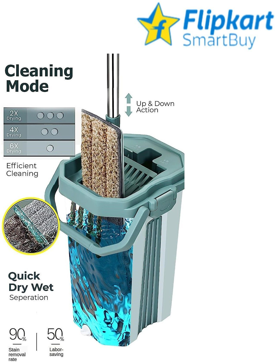 Image of Flipkart SmartBuy Green Flat Large Mop Bucket Set with 2 Soft Refill Pads & Handle (38 cm X 12 cm) Mop Set