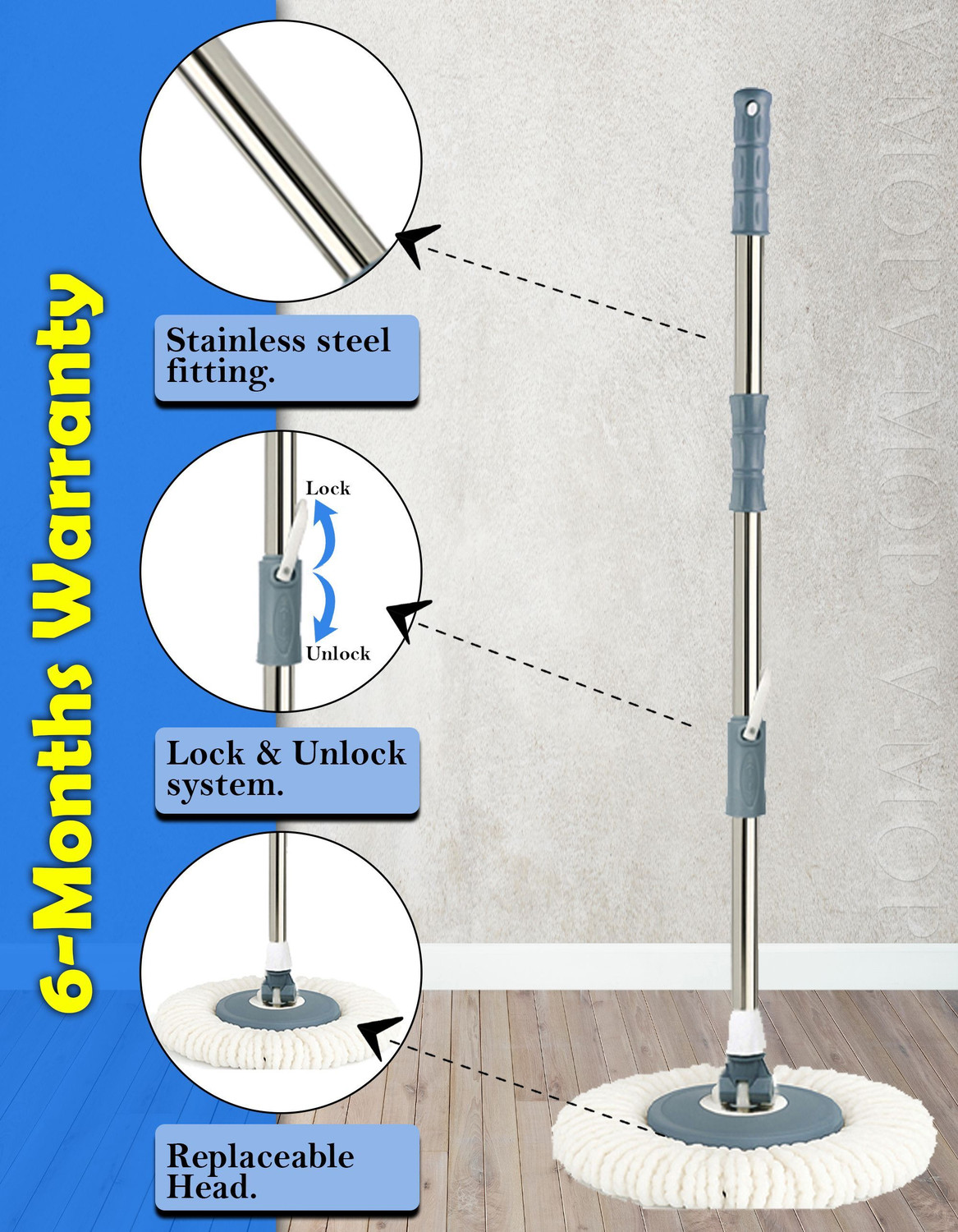 Image of V-MOP Premium Classic Grey Mop Stick- India's Best Rod Set With 5 Microfiber Refills, Easy to fit for All Bucket Mops-85 Cleaning Wipe