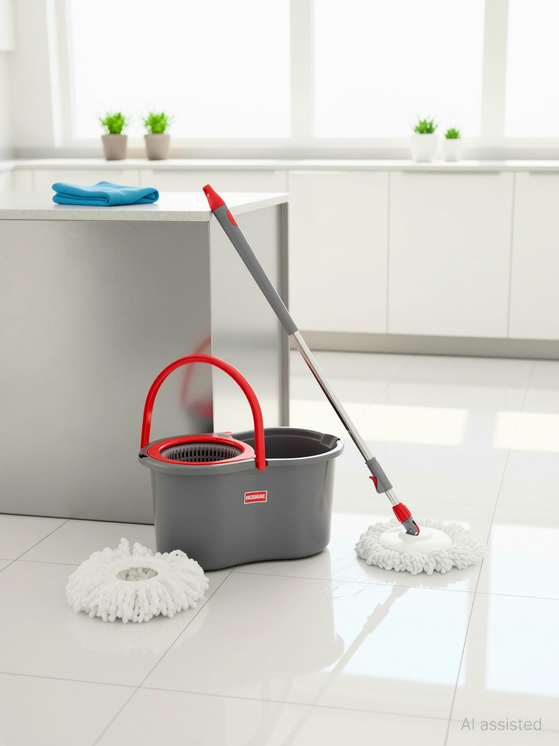 Image of MODWARE 360 Spin Mop & Bucket Set with Wringer, Microfiber Refill, Red, 7L Mop Set