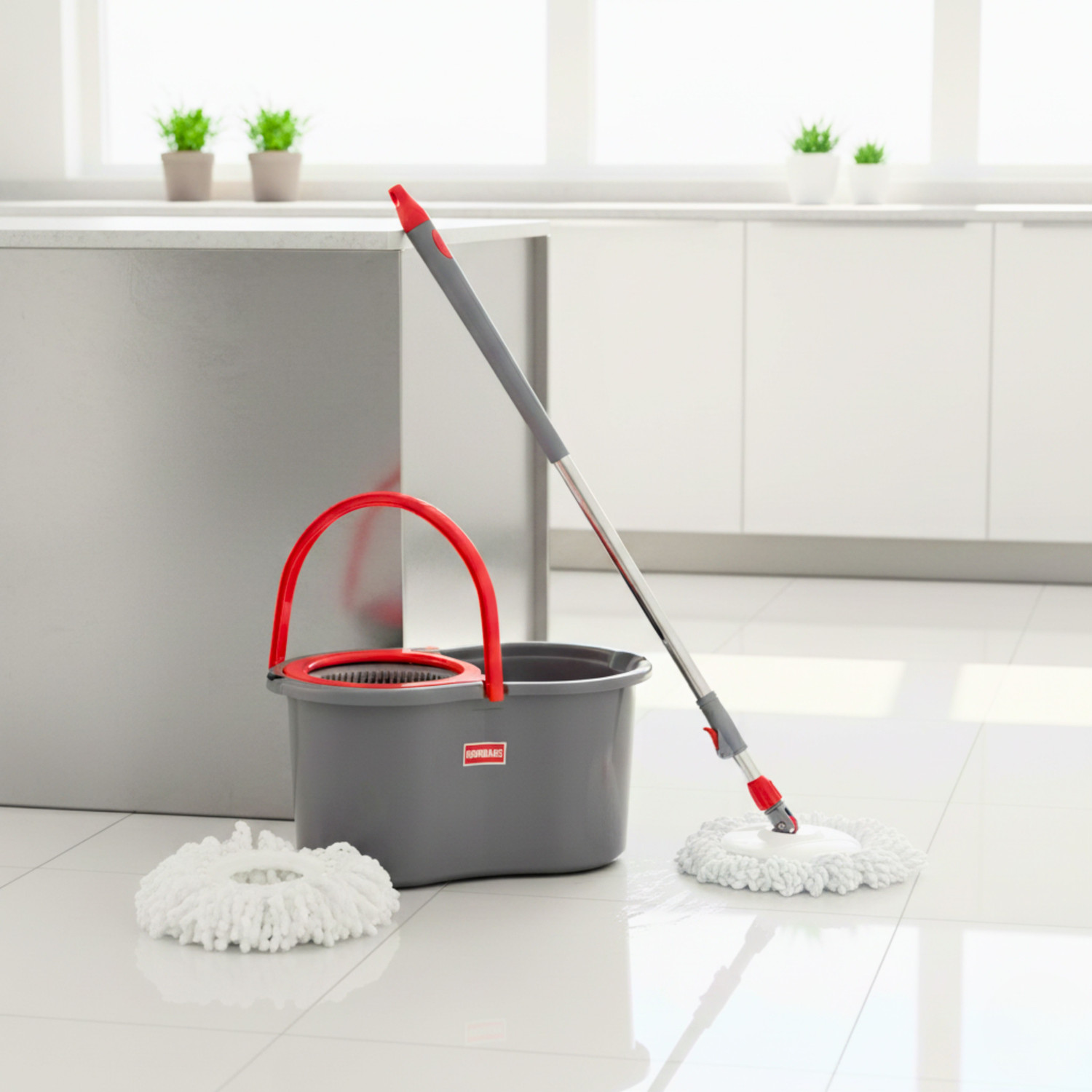 Image of MODWARE 360 Spin Mop & Bucket Set with Wringer, Microfiber Refill, Red, 7L Mop Set