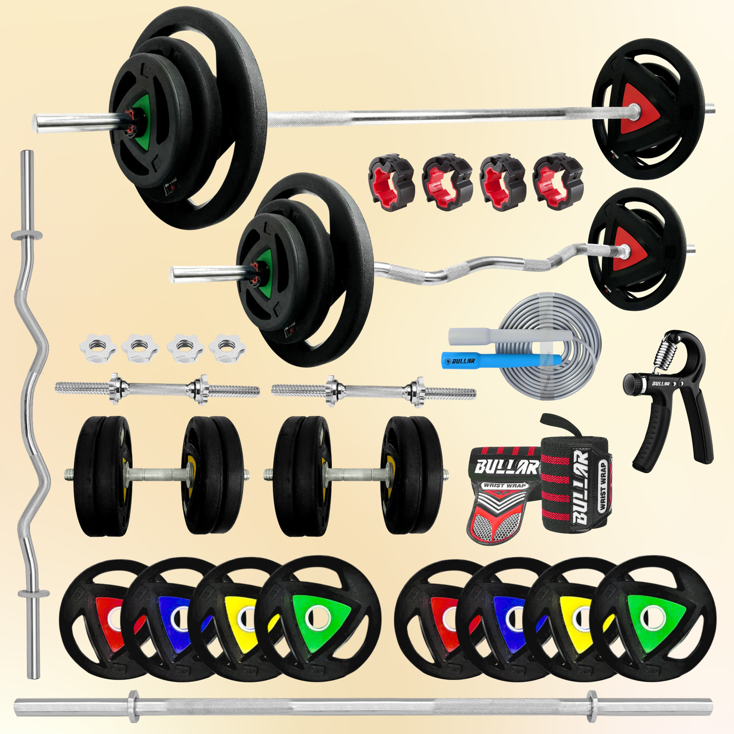 Image of BULLAR 50 kg Rubber Coated Iron Home Gym Set Dumbbell rods 3ft+5ft (28 MM) Home Gym Combo Home Gym Combo